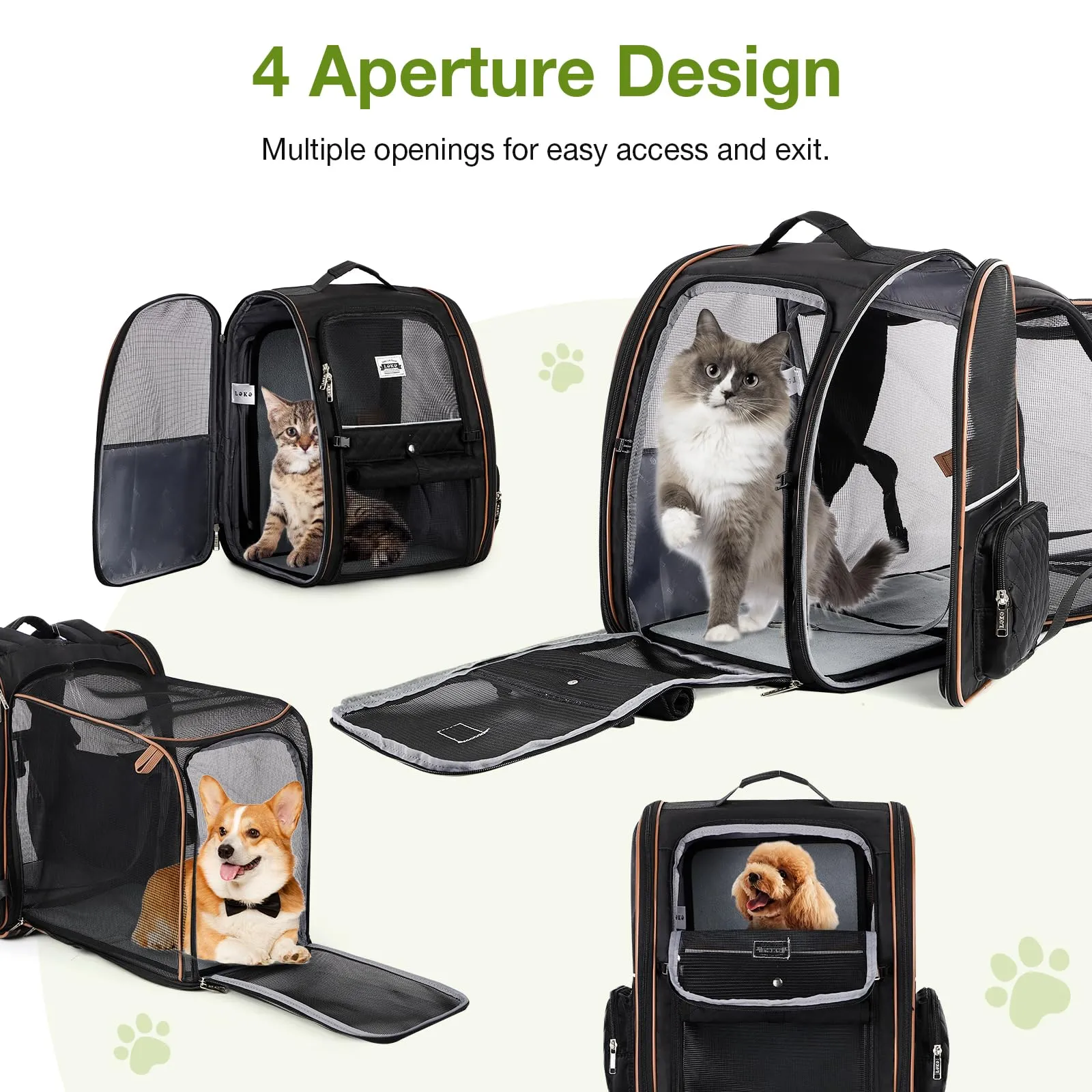 Lekespring Zaino per Cani Gatti Grande Porta Animali Espandibile Per Cani Piccoli Gatti Medi Fino a 10 KG, con 4 ingressi Zaino Traspirante Porta Cuccioli Pieghevole Per Viaggi, Escursioni, Nero XL - immagine 5