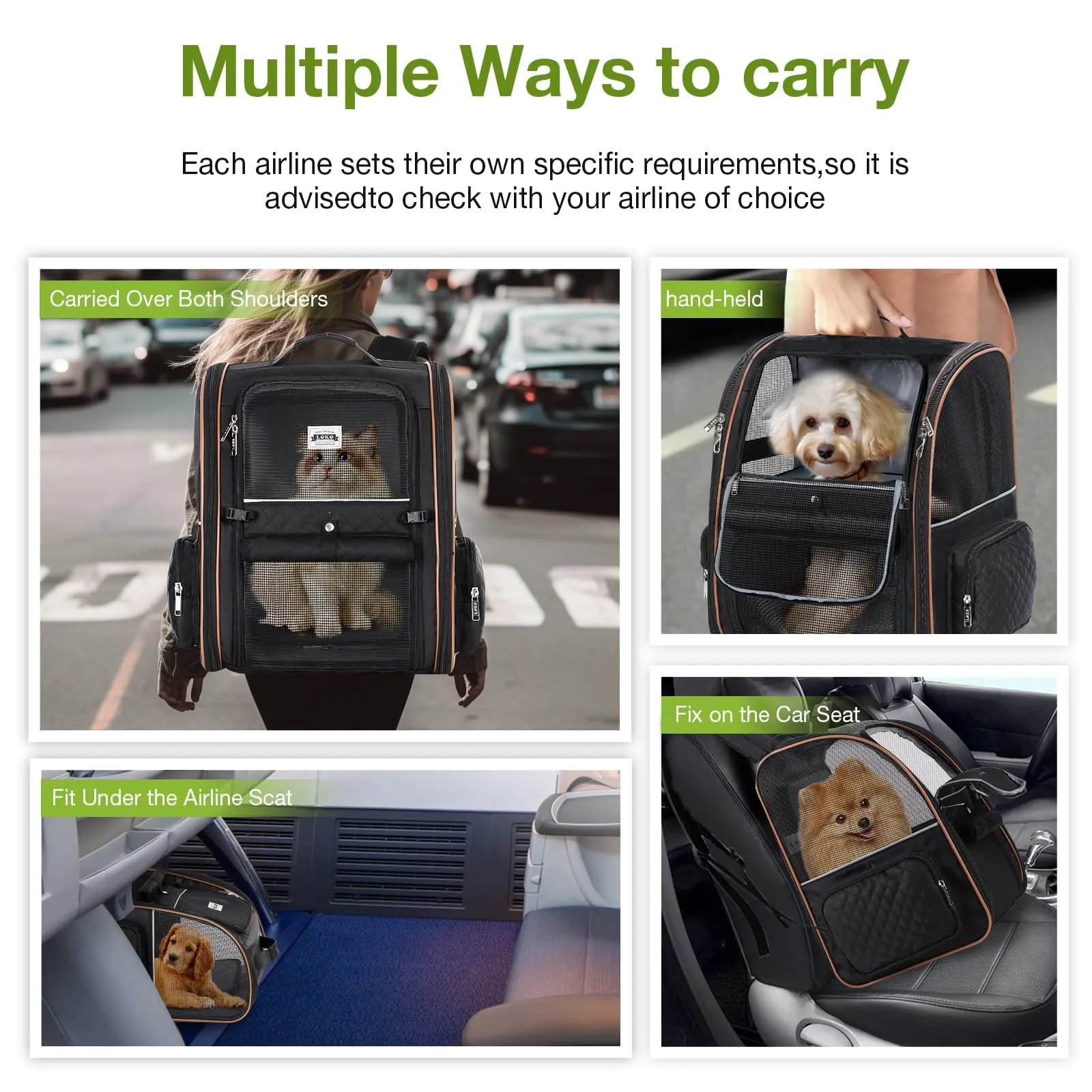 Lekespring Zaino per Cani Gatti Grande Porta Animali Espandibile Per Cani Piccoli Gatti Medi Fino a 10 KG, con 4 ingressi Zaino Traspirante Porta Cuccioli Pieghevole Per Viaggi, Escursioni, Nero XL - immagine 8