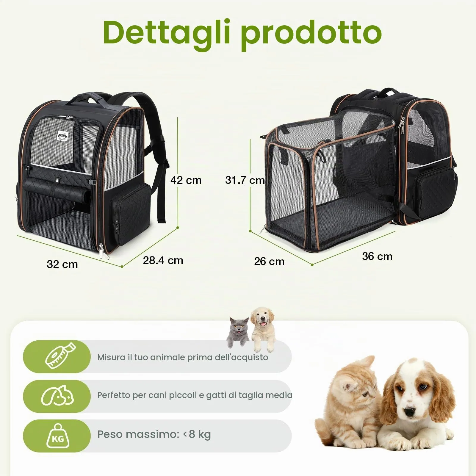 Lekespring Zaino per Cani Gatti Grande Porta Animali Espandibile Per Cani Piccoli Gatti Medi Fino a 8 KG, 4 ingressi Zaino Traspirante Porta Cuccioli Pieghevole per Viaggi, Escursioni, Nero Trapuntato - immagine 3