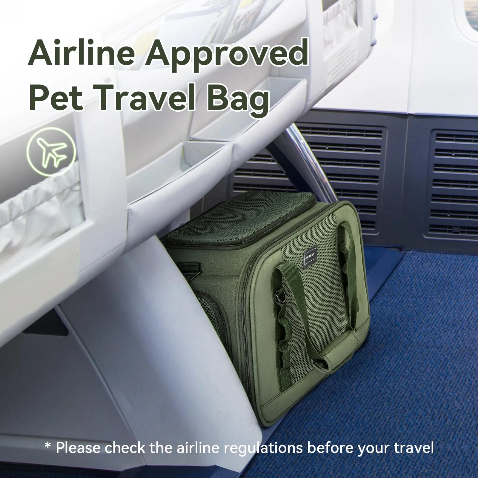 Petsfit Trasportino Gatto Cane Piccoli, Trasportino per Gatti per Viaggi Aerei, Borsa per cani auto Materiale Stabile e Traspirante con Cuscino e Tasca per Trolley, Verde Oliva (49x23x28 cm) - immagine 2