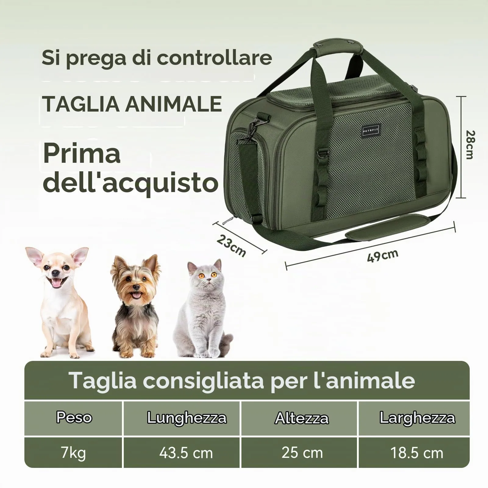 Petsfit Trasportino Gatto Cane Piccoli, Trasportino per Gatti per Viaggi Aerei, Borsa per cani auto Materiale Stabile e Traspirante con Cuscino e Tasca per Trolley, Verde Oliva (49x23x28 cm) - immagine 3