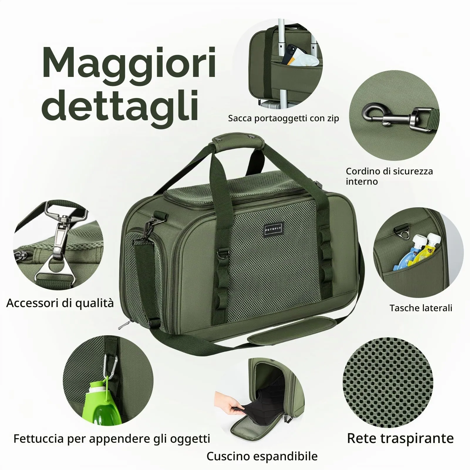 Petsfit Trasportino Gatto Cane Piccoli, Trasportino per Gatti per Viaggi Aerei, Borsa per cani auto Materiale Stabile e Traspirante con Cuscino e Tasca per Trolley, Verde Oliva (49x23x28 cm) - immagine 4