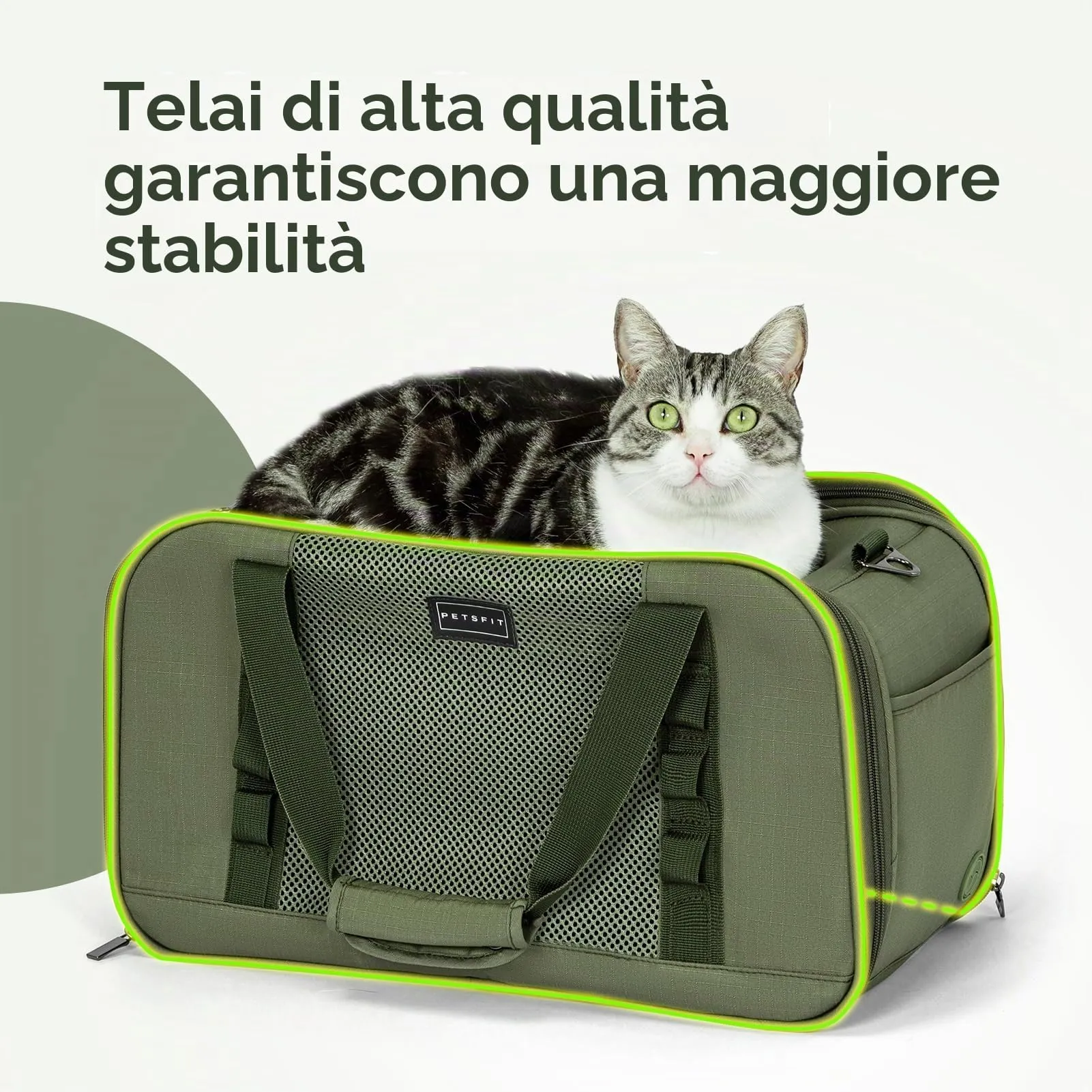 Petsfit Trasportino Gatto Cane Piccoli, Trasportino per Gatti per Viaggi Aerei, Borsa per cani auto Materiale Stabile e Traspirante con Cuscino e Tasca per Trolley, Verde Oliva (49x23x28 cm) - immagine 5