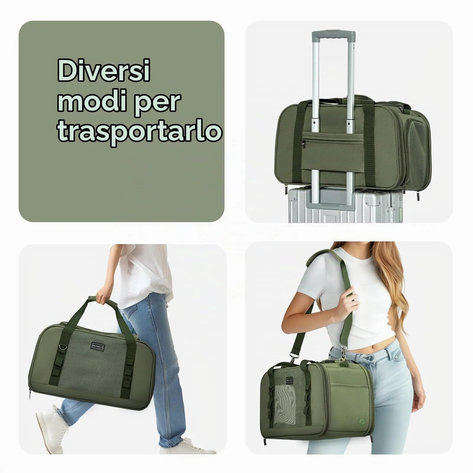 Petsfit Trasportino Gatto Cane Piccoli, Trasportino per Gatti per Viaggi Aerei, Borsa per cani auto Materiale Stabile e Traspirante con Cuscino e Tasca per Trolley, Verde Oliva (49x23x28 cm) - immagine 6