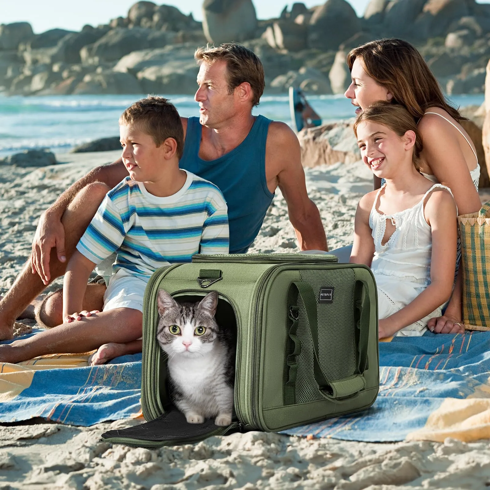 Petsfit Trasportino Gatto Cane Piccoli, Trasportino per Gatti per Viaggi Aerei, Borsa per cani auto Materiale Stabile e Traspirante con Cuscino e Tasca per Trolley, Verde Oliva (49x23x28 cm) - immagine 7