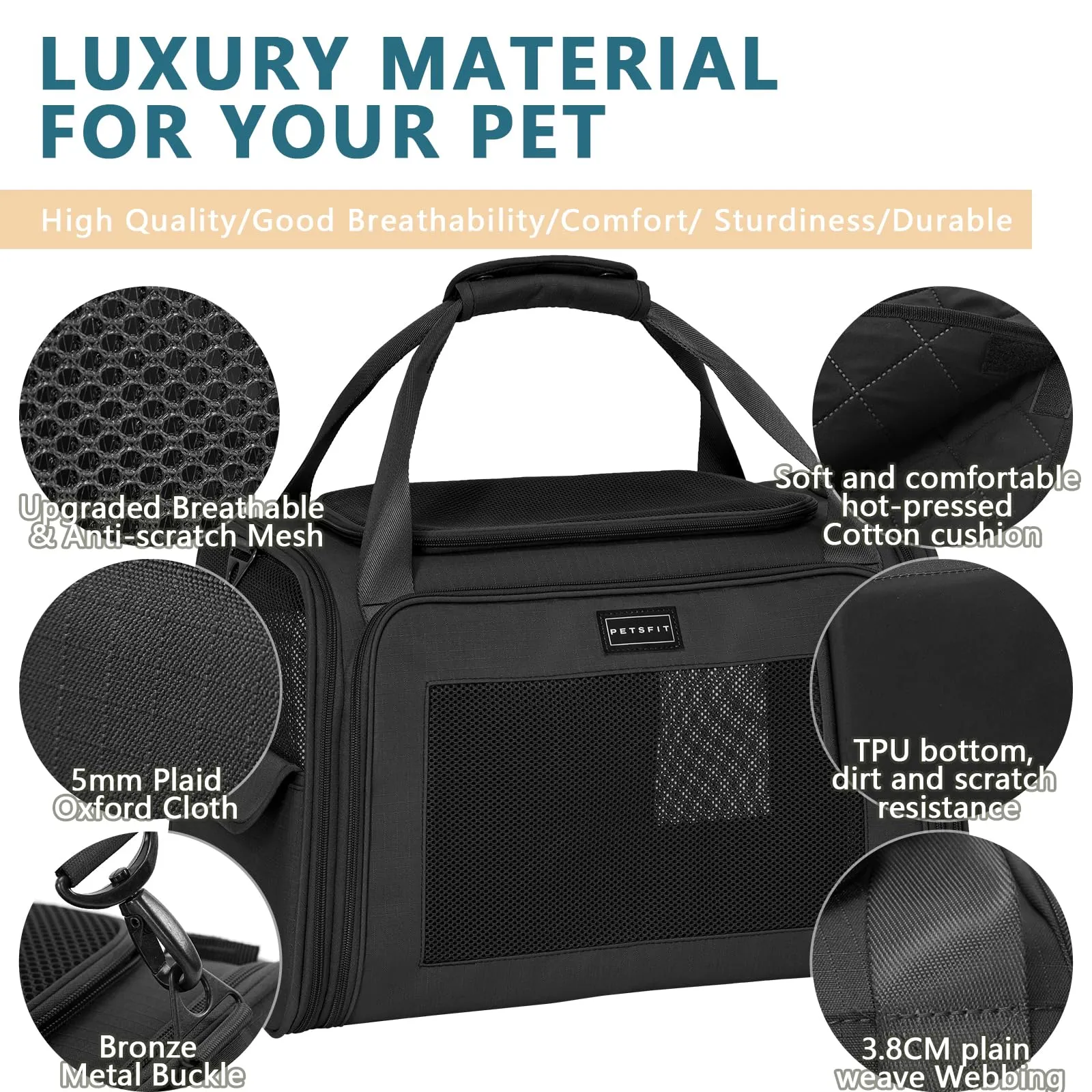 Petsfit Trasportino per gatti con cuscino espandibile, trasportino per cani in tessuto Oxford di alta qualità, leggero con tracolla, Nero - immagine 2