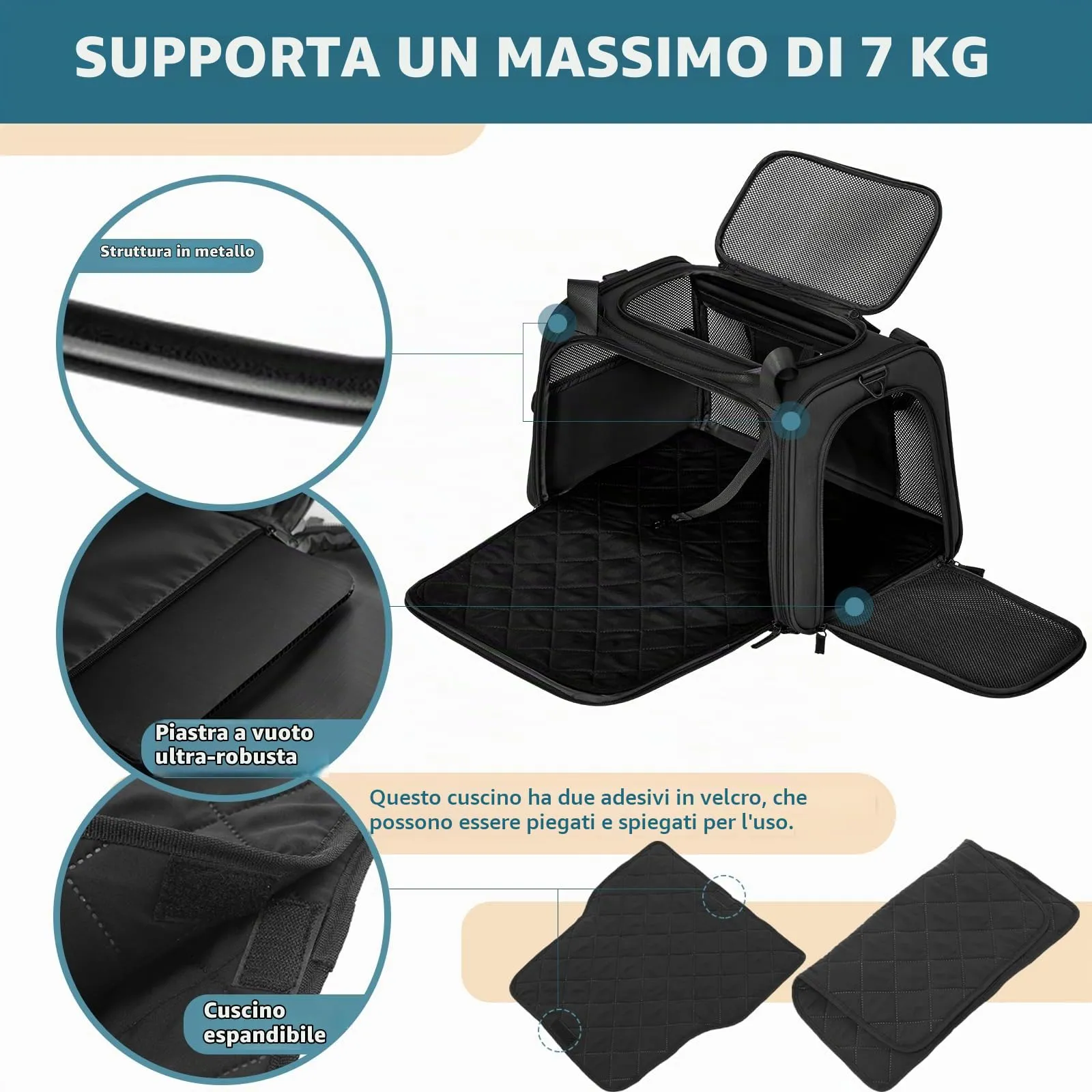 Petsfit Trasportino per gatti con cuscino espandibile, trasportino per cani in tessuto Oxford di alta qualità, leggero con tracolla, Nero - immagine 3