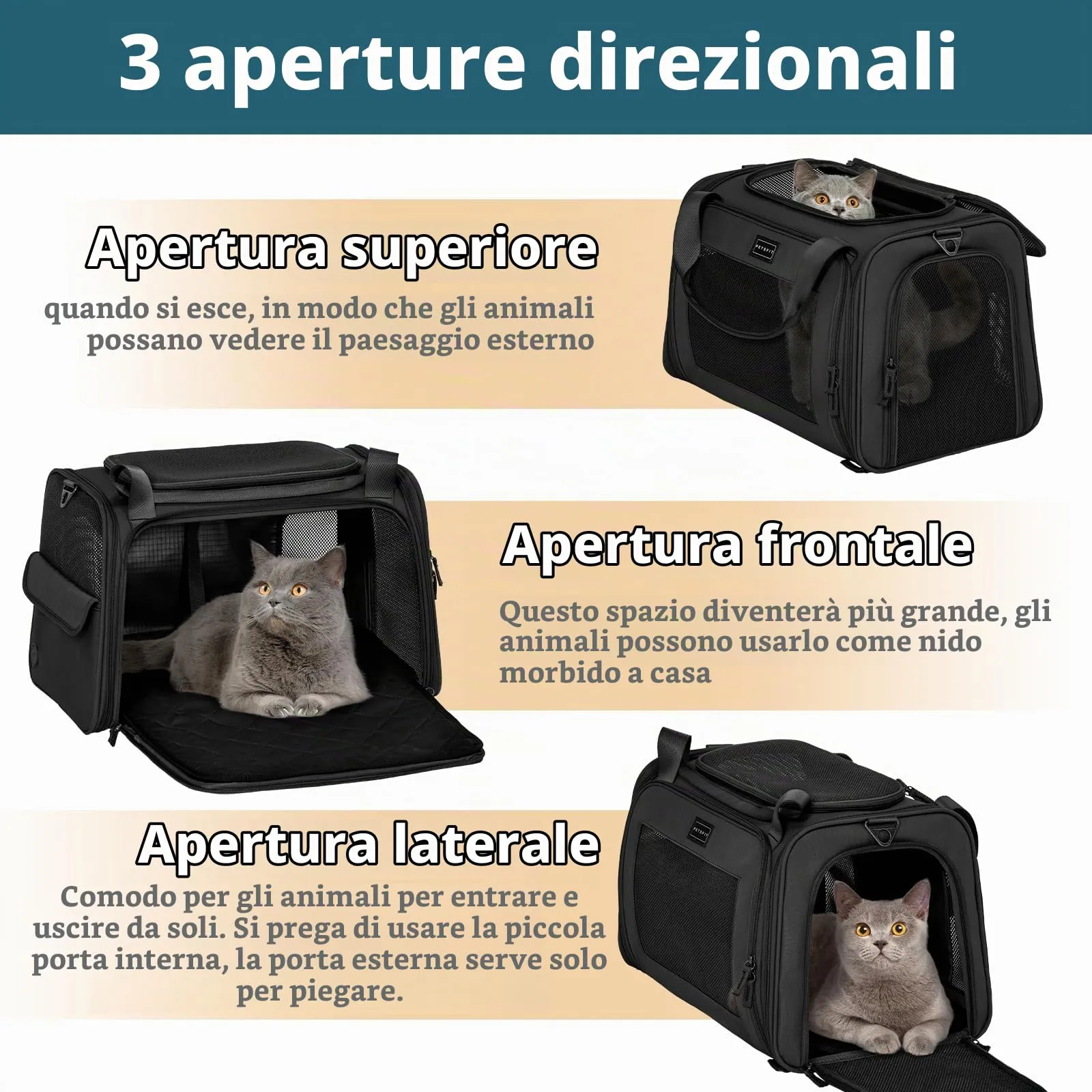 Petsfit Trasportino per gatti con cuscino espandibile, trasportino per cani in tessuto Oxford di alta qualità, leggero con tracolla, Nero - immagine 4
