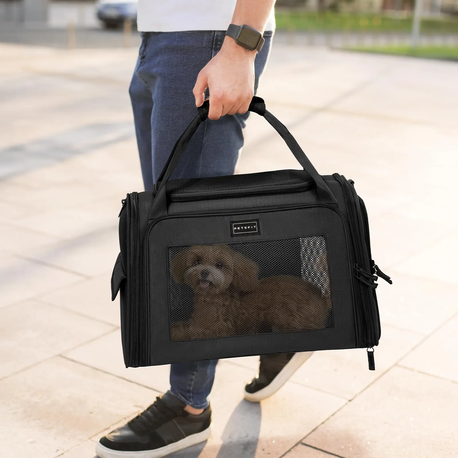 Petsfit Trasportino per gatti con cuscino espandibile, trasportino per cani in tessuto Oxford di alta qualità, leggero con tracolla, Nero - immagine 7