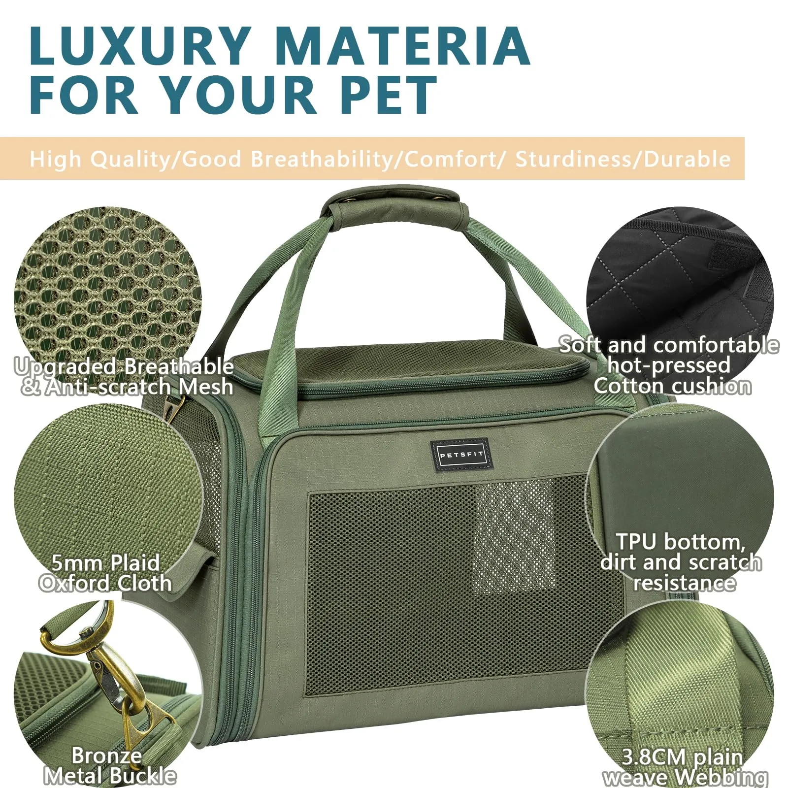 Petsfit Trasportino per gatti con cuscino espandibile, trasportino per cani in tessuto Oxford di alta qualità, leggero con tracolla, Verde - immagine 2