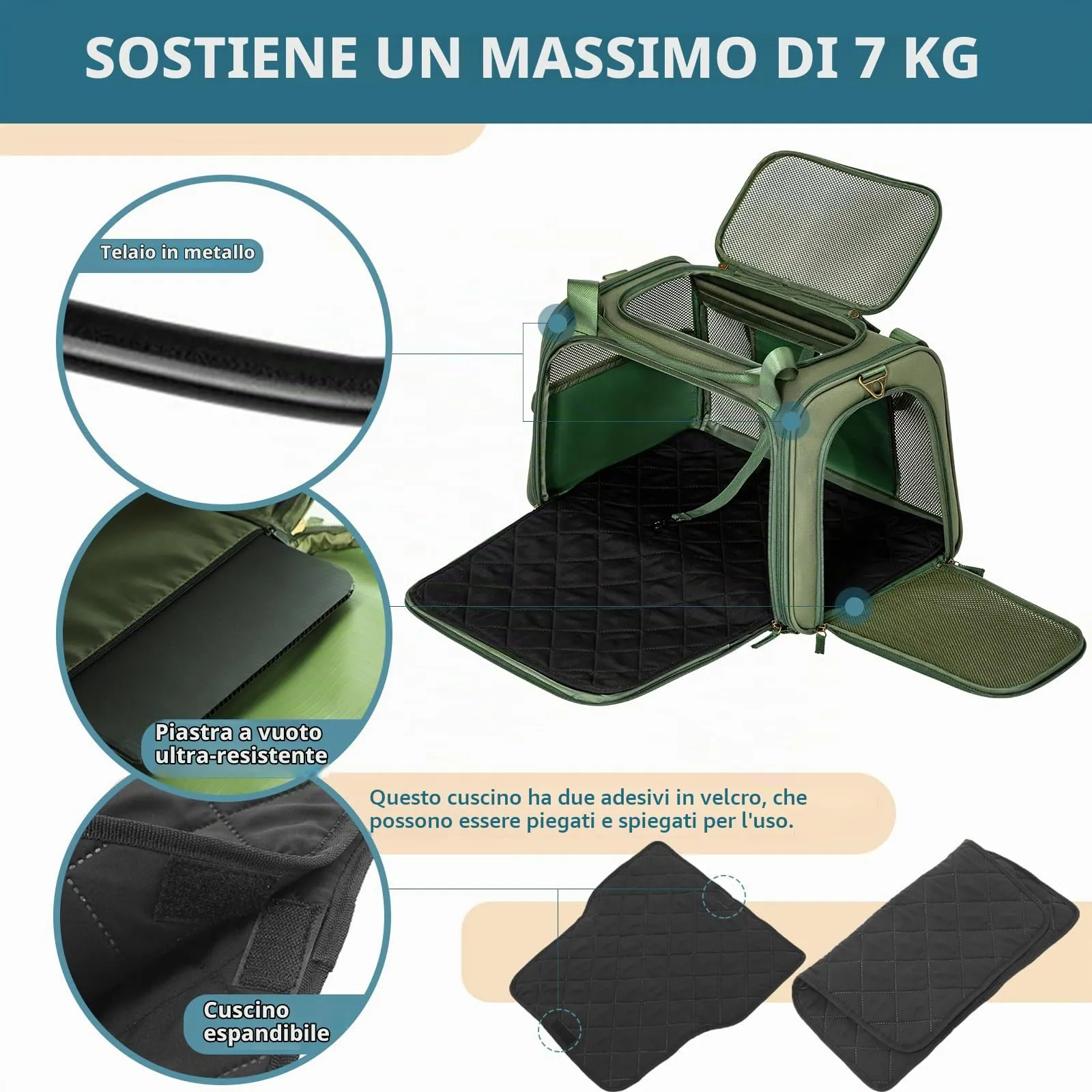 Petsfit Trasportino per gatti con cuscino espandibile, trasportino per cani in tessuto Oxford di alta qualità, leggero con tracolla, Verde - immagine 3