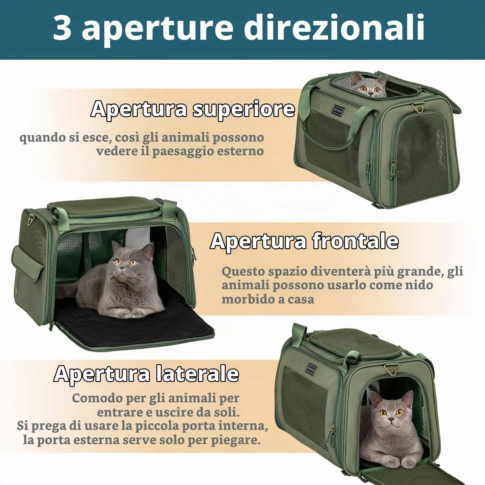 Petsfit Trasportino per gatti con cuscino espandibile, trasportino per cani in tessuto Oxford di alta qualità, leggero con tracolla, Verde - immagine 4