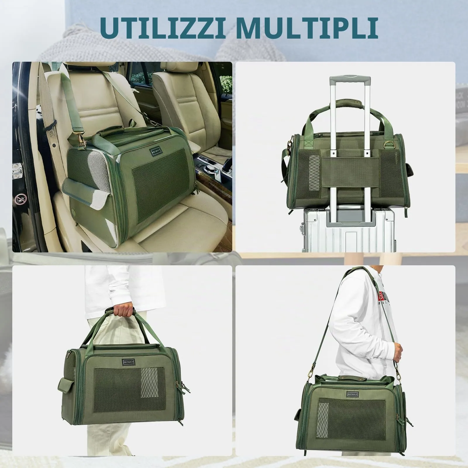 Petsfit Trasportino per gatti con cuscino espandibile, trasportino per cani in tessuto Oxford di alta qualità, leggero con tracolla, Verde - immagine 5