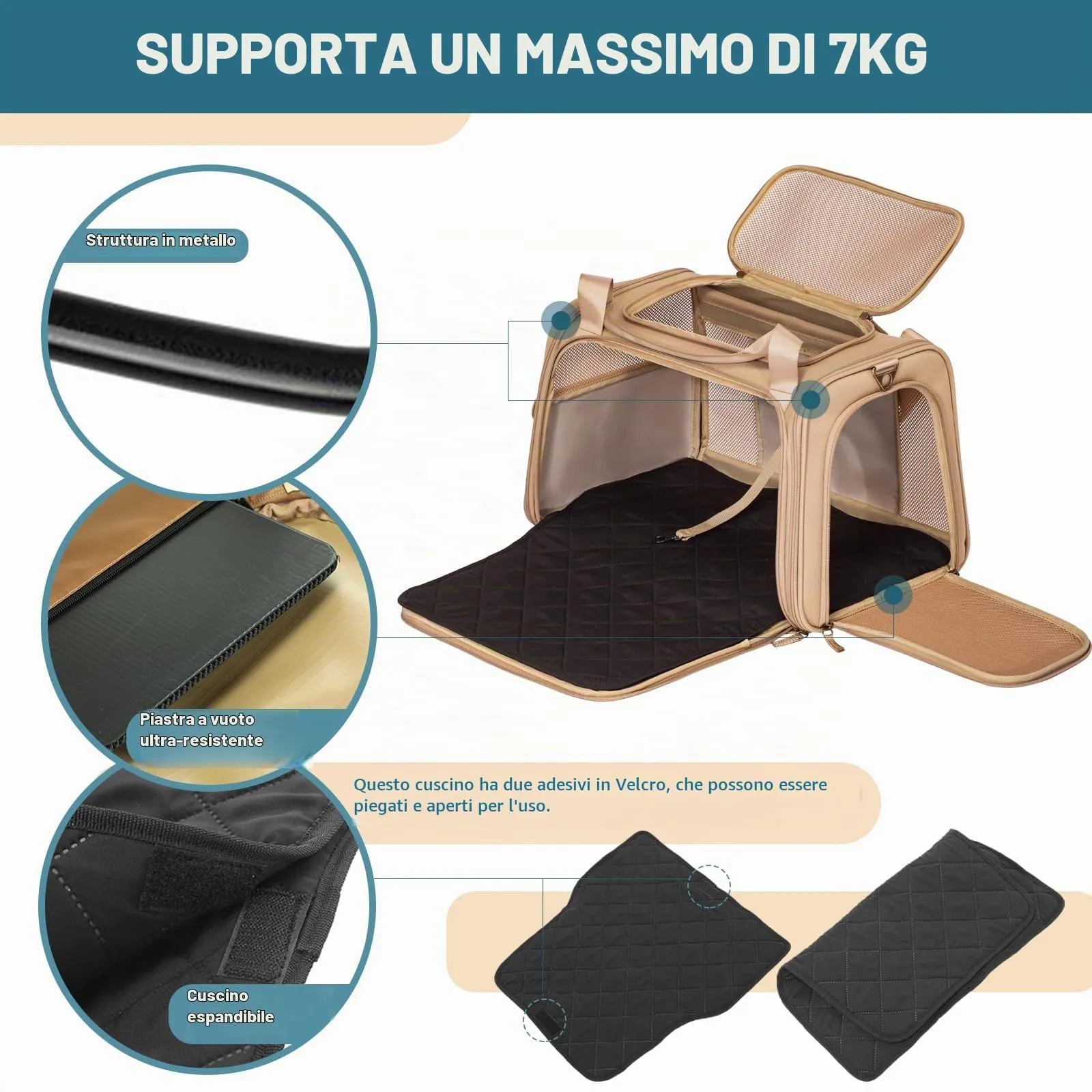 Petsfit Trasportino per gatti con cuscino espandibile, trasportino per cani in tessuto Oxford di alta qualità, leggero con tracolla, Cachi - immagine 3