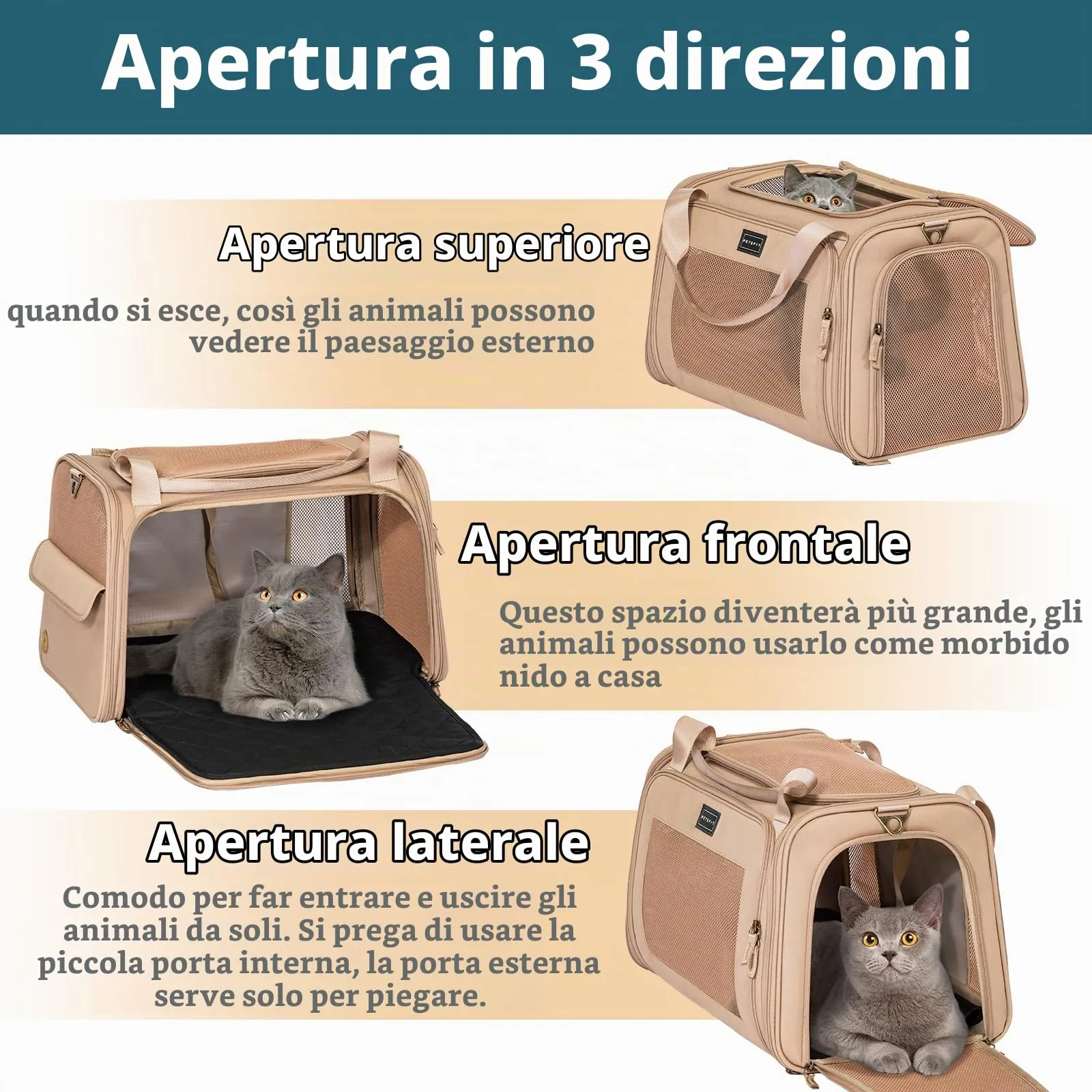Petsfit Trasportino per gatti con cuscino espandibile, trasportino per cani in tessuto Oxford di alta qualità, leggero con tracolla, Cachi - immagine 4