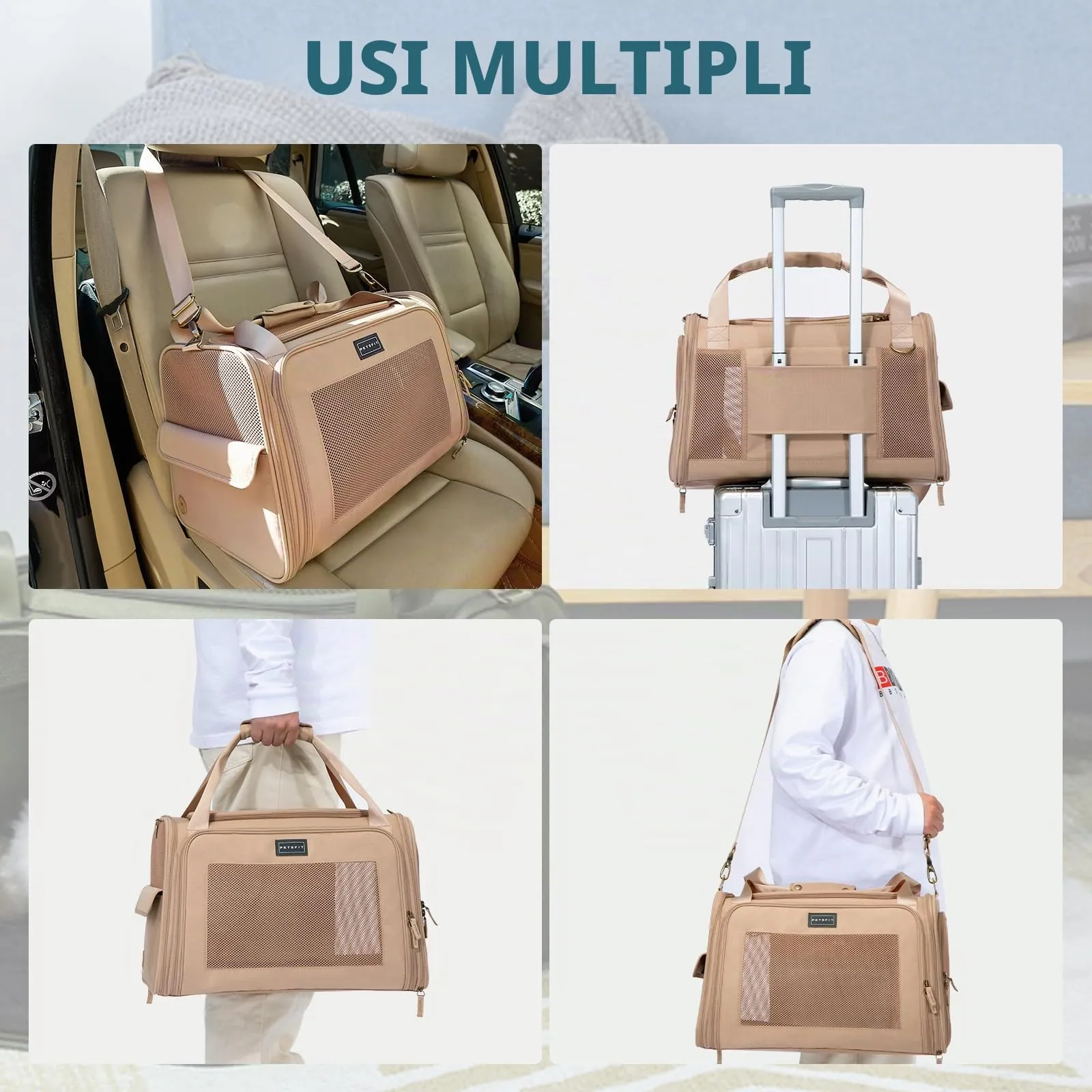 Petsfit Trasportino per gatti con cuscino espandibile, trasportino per cani in tessuto Oxford di alta qualità, leggero con tracolla, Cachi - immagine 5