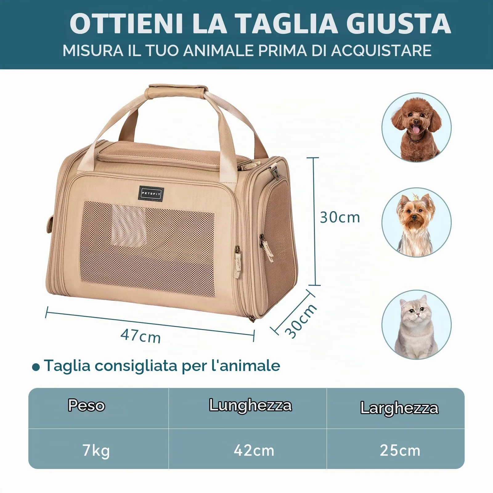 Petsfit Trasportino per gatti con cuscino espandibile, trasportino per cani in tessuto Oxford di alta qualità, leggero con tracolla, Cachi - immagine 6