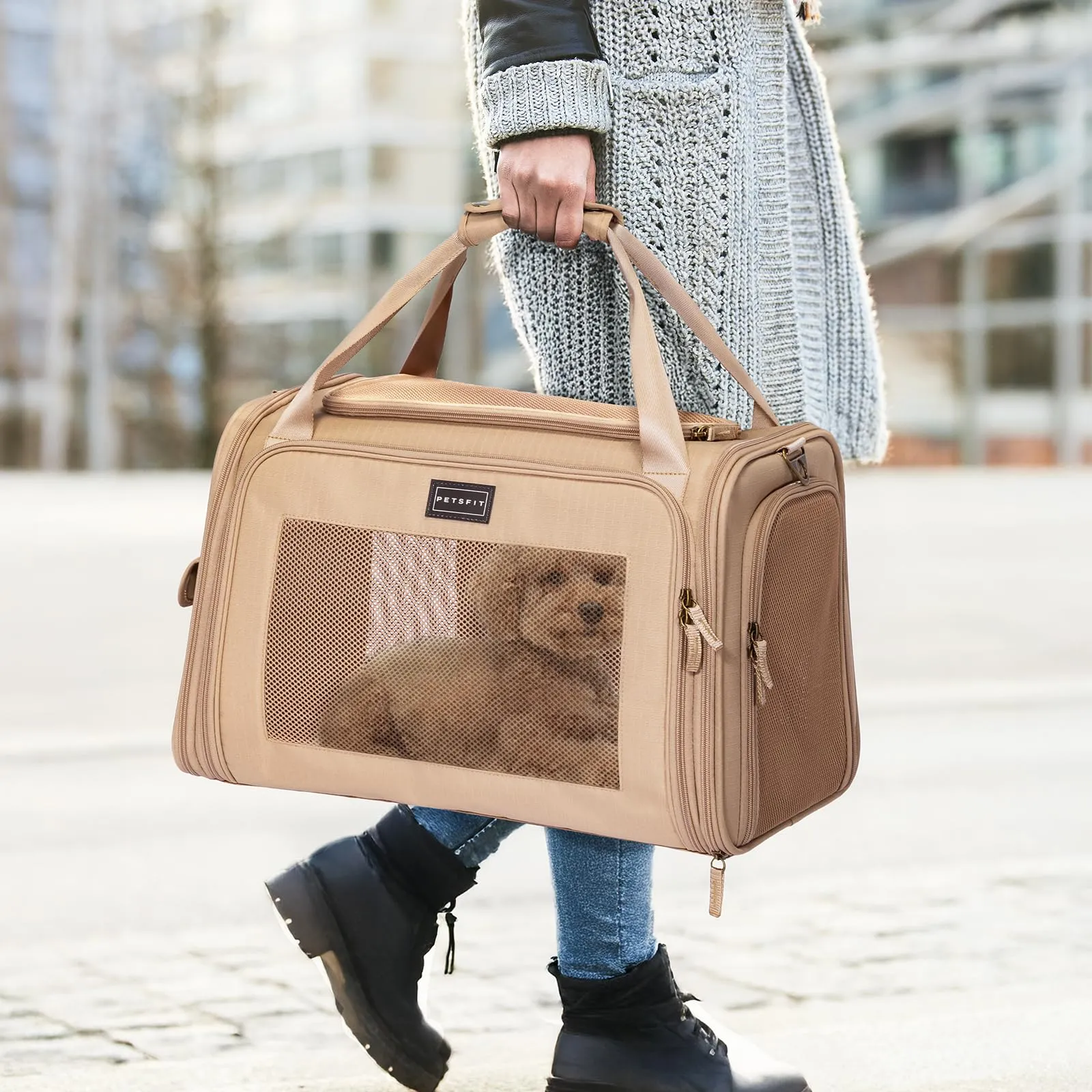 Petsfit Trasportino per gatti con cuscino espandibile, trasportino per cani in tessuto Oxford di alta qualità, leggero con tracolla, Cachi - immagine 7