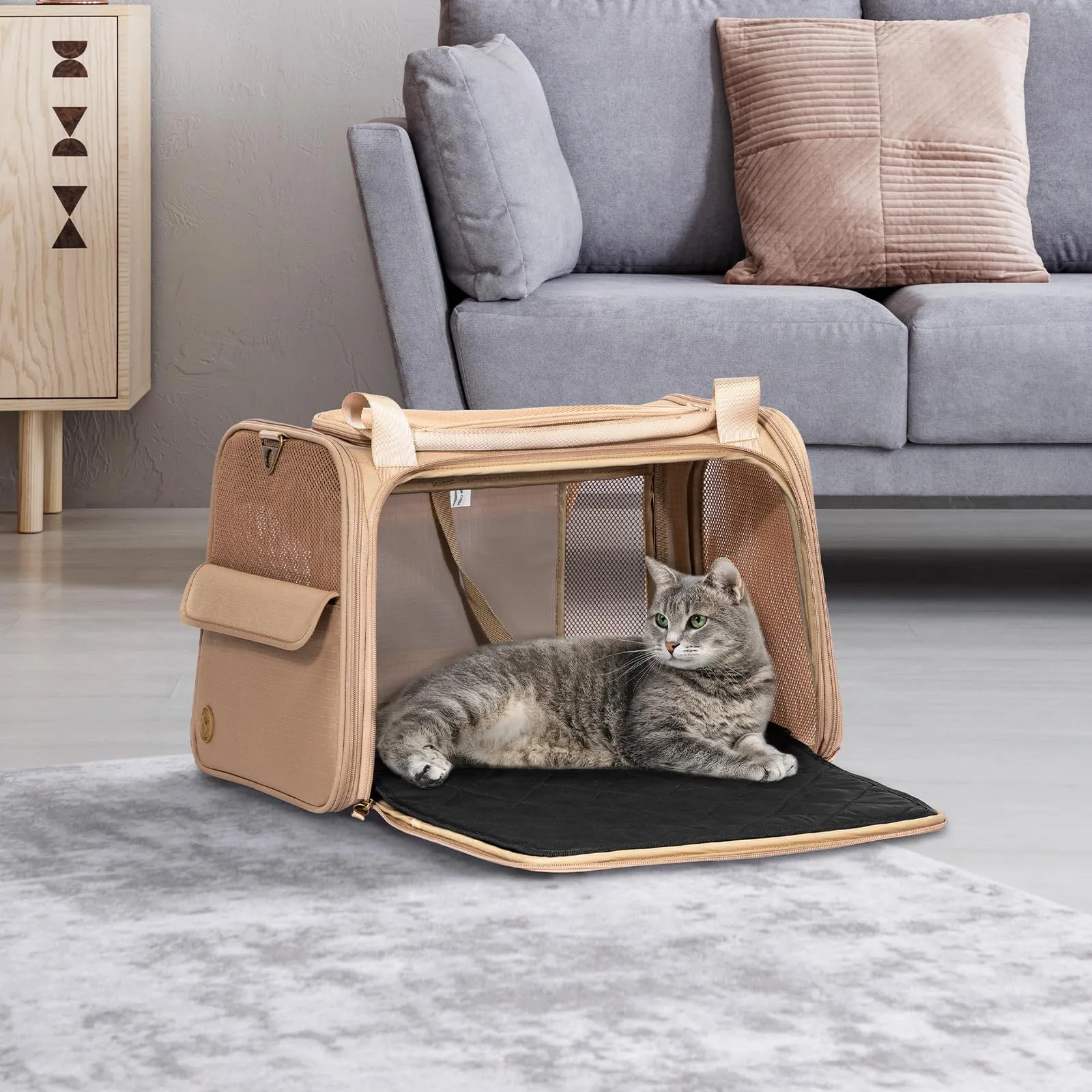Petsfit Trasportino per gatti con cuscino espandibile, trasportino per cani in tessuto Oxford di alta qualità, leggero con tracolla, Cachi - immagine 8
