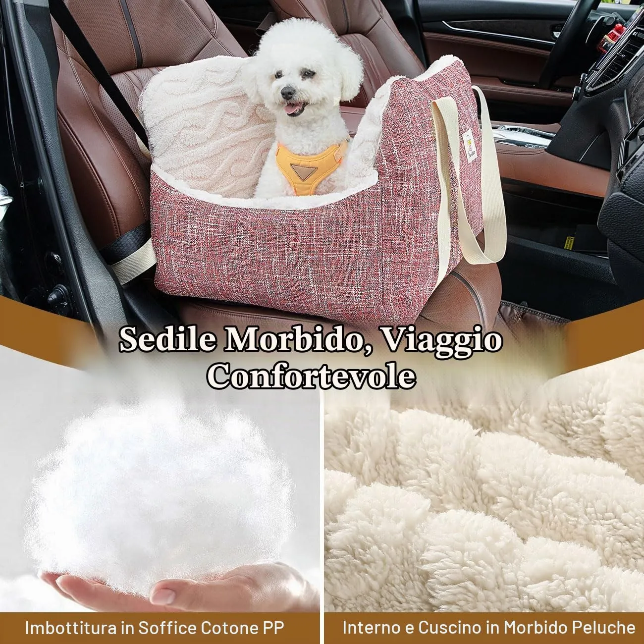 Pawaboo Seggiolino Auto per Cani Piccoli, Sedile Auto con Fibbia Fissa e Guinzaglio di Sicurezza per Cuccioli, Seggiolino Auto con Letto Addensato, Letto da Viaggio per Cane Fino a 25Lb, Magenta+Blu - immagine 2
