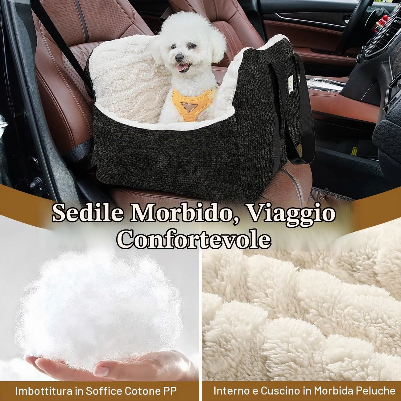 Pawaboo Seggiolino Auto per Cani Piccoli, Sedile Auto con Fibbia Fissa e Guinzaglio di Sicurezza per Cuccioli, Seggiolino Auto con Letto Addensato, Letto da Viaggio per Cane Fino a 25Lb, Nero - immagine 2