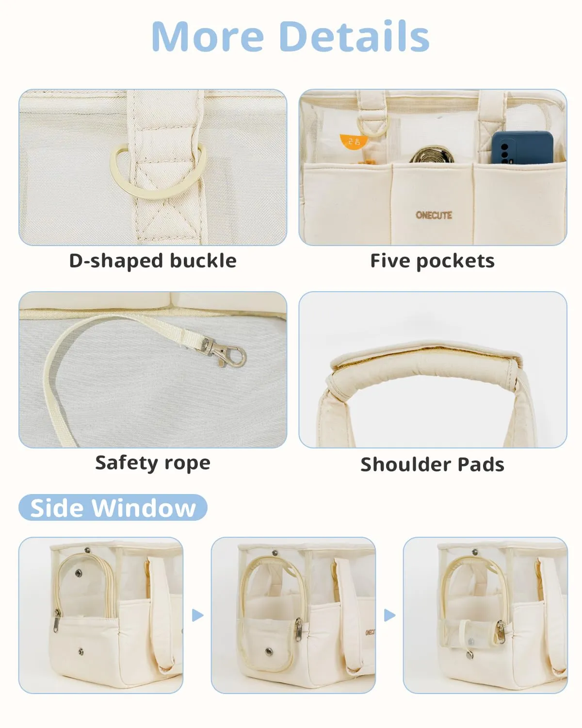 ONECUTE Borsa Trasportino per Cani Piccoli e Gatti, Pieghevole Leggero con Base Rigida Imbottita, Cotton e Rete Traspirante, Multi Tasche per Viaggio e Passeggiate (Beige Traspirante, 43x19x31cm) - immagine 4