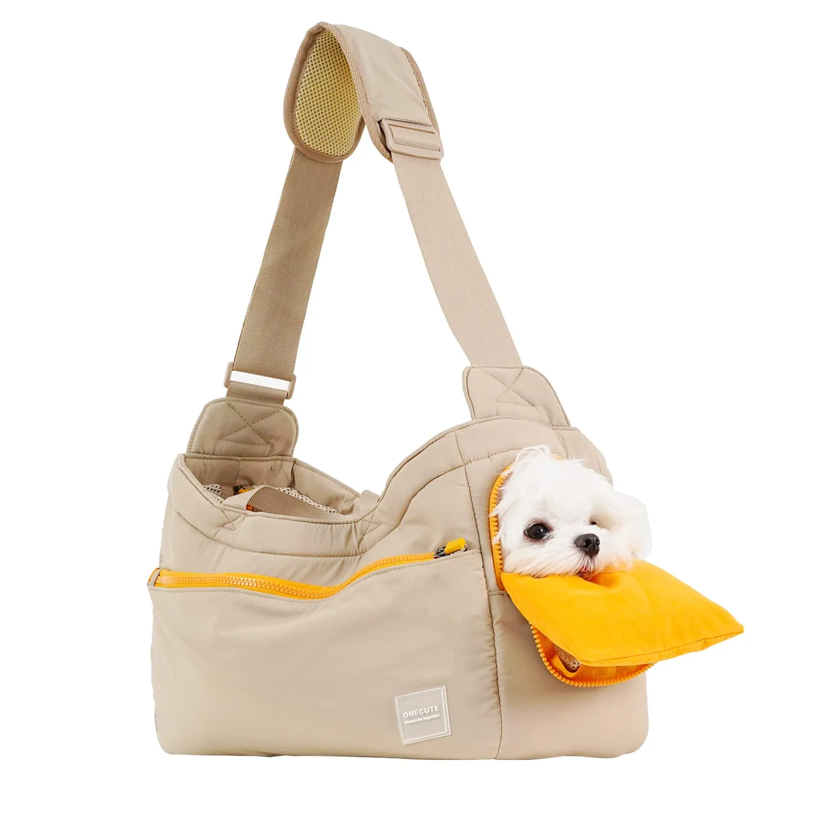 ONECUTE Borsa Business per Cani Piccola Taglia e Gatti, Pieghevole con Tracolla Regolabile, Rete Traspirante, Base Imbottita e Tasche per Ufficio/Viaggi (Cachi, 40x14x25cm) - immagine 1