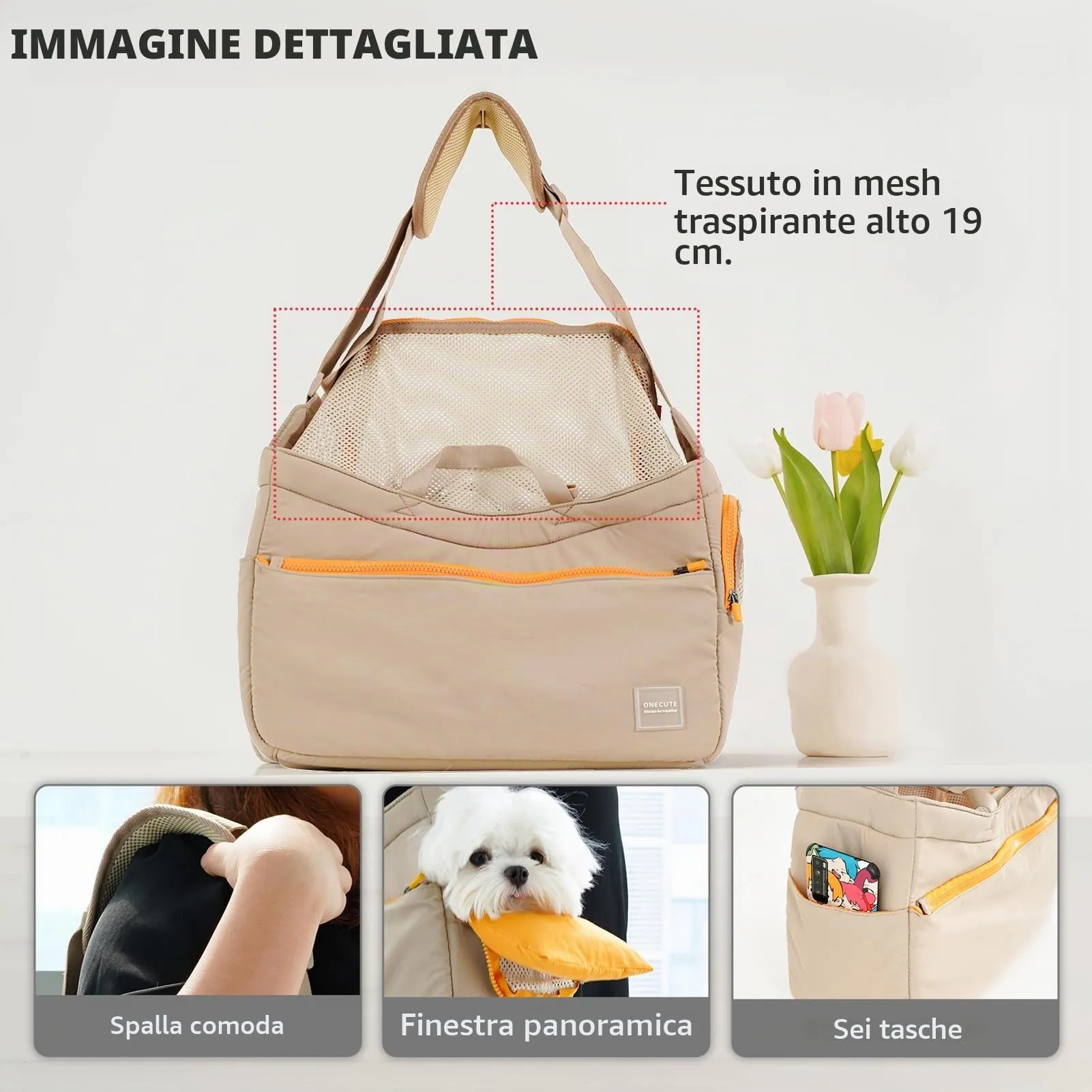 ONECUTE Borsa Business per Cani Piccola Taglia e Gatti, Pieghevole con Tracolla Regolabile, Rete Traspirante, Base Imbottita e Tasche per Ufficio/Viaggi (Cachi, 40x14x25cm) - immagine 4