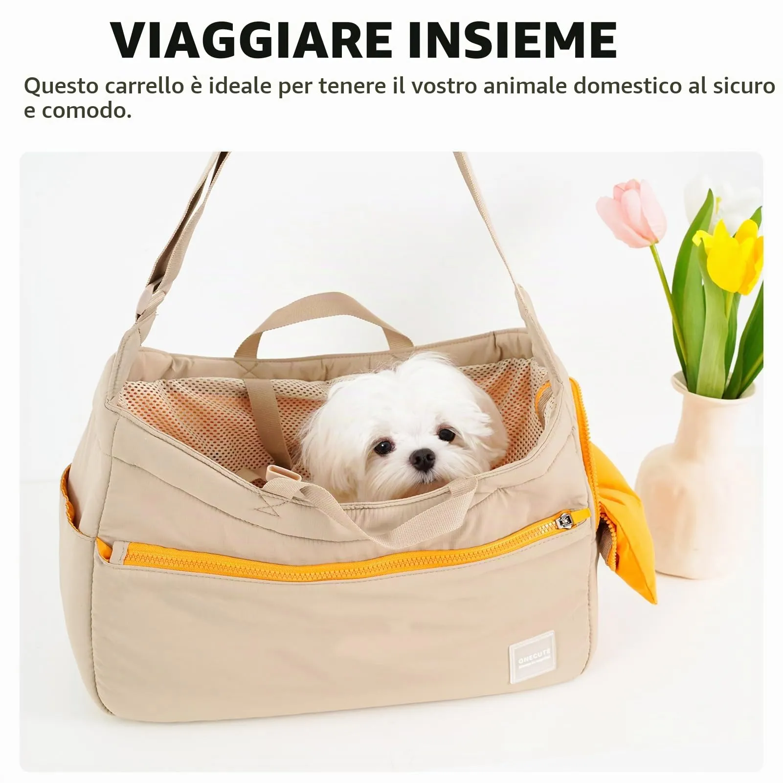 ONECUTE Borsa Business per Cani Piccola Taglia e Gatti, Pieghevole con Tracolla Regolabile, Rete Traspirante, Base Imbottita e Tasche per Ufficio/Viaggi (Cachi, 40x14x25cm) - immagine 7
