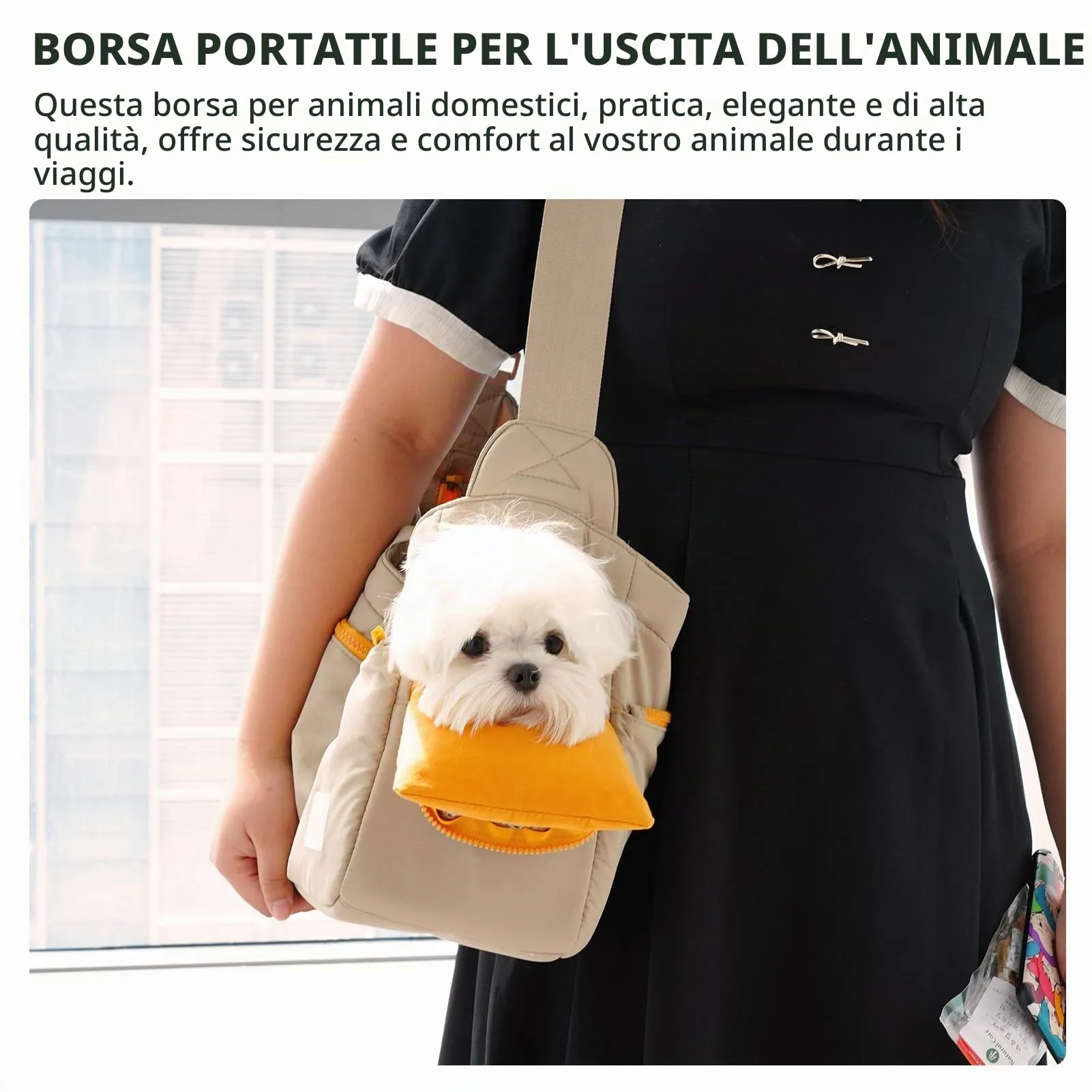 ONECUTE Borsa Business per Cani Piccola Taglia e Gatti, Pieghevole con Tracolla Regolabile, Rete Traspirante, Base Imbottita e Tasche per Ufficio/Viaggi (Cachi, 40x14x25cm) - immagine 8