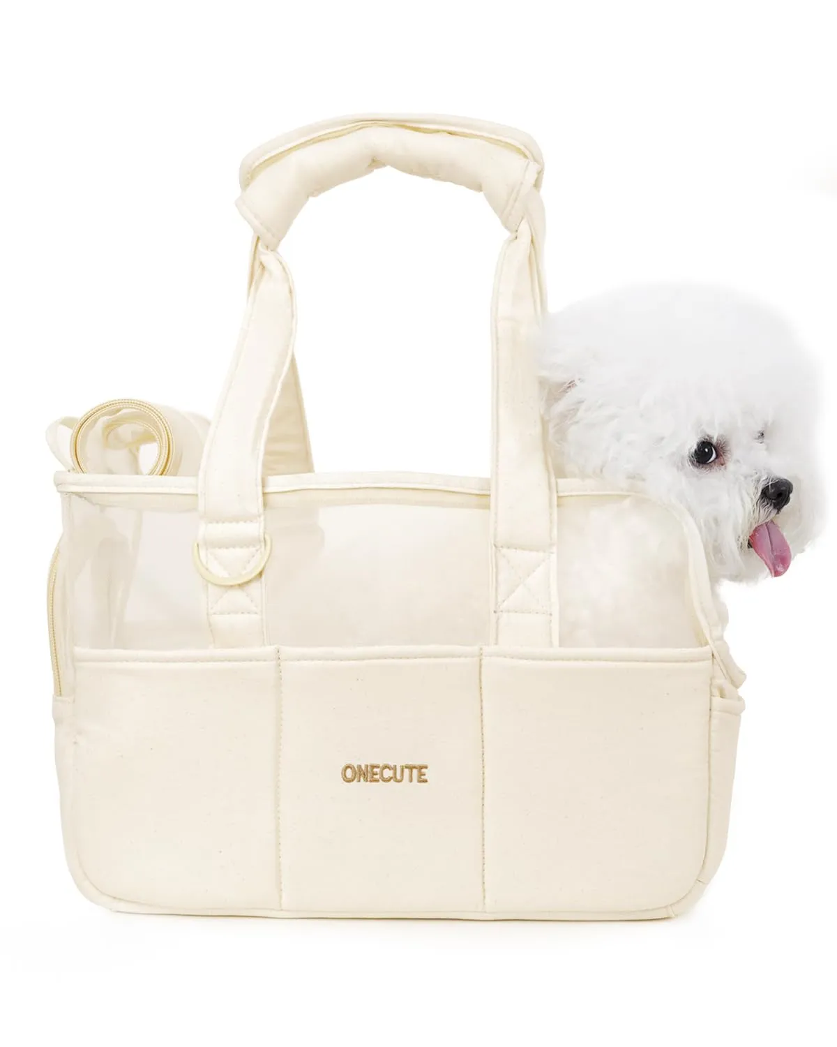 ONECUTE Borsa per Cani Piccola Taglia e Gatti,Pieghevole Leggero con Base Rigida Imbottita, Cotton e Rete Traspirante, Multi Tasche per Viaggio e Passeggiate (Beige Traspirante, 34x16x25cm) - immagine 1