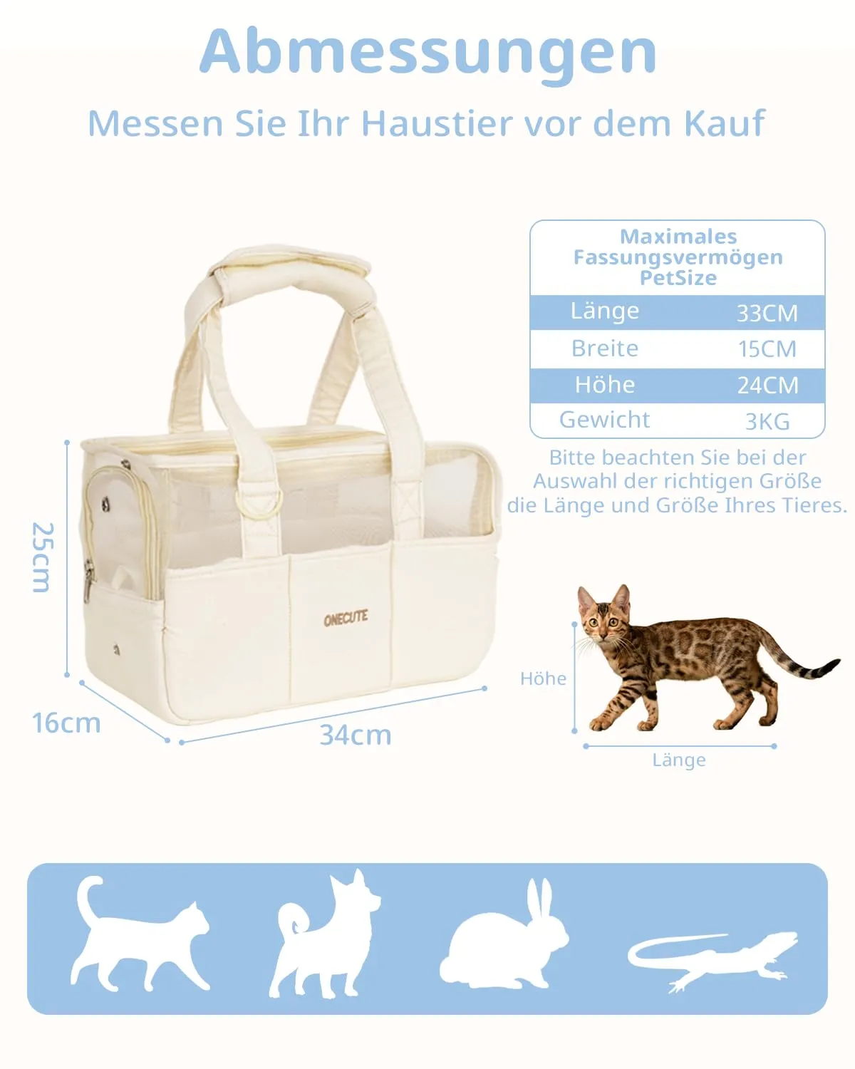 ONECUTE Borsa per Cani Piccola Taglia e Gatti,Pieghevole Leggero con Base Rigida Imbottita, Cotton e Rete Traspirante, Multi Tasche per Viaggio e Passeggiate (Beige Traspirante, 34x16x25cm) - immagine 2