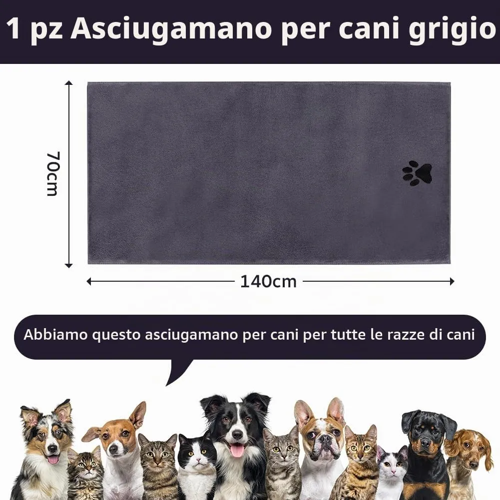 Adiwo Asciugamani per Cani, 140x70cm Asciugamano Microfibra, Asciugamani Pet Morbidi e ad Asciugatura Rapida, Super Assorbente, Coperta Animali per Cani e Gatti di Piccola e Grande Taglia (Grigio) - immagine 2