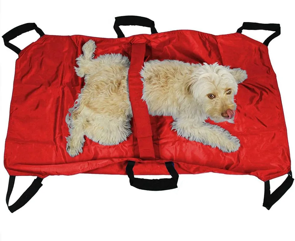Barella Per Il Trasporto Di Cani, Trasportino Di Emergenza Per Animali Con Cinghia Di Sicurezza, Telo Scorrevole Per Aiuti con Cintura di Sicurezza, 6 Manici (Rosso) - immagine 1