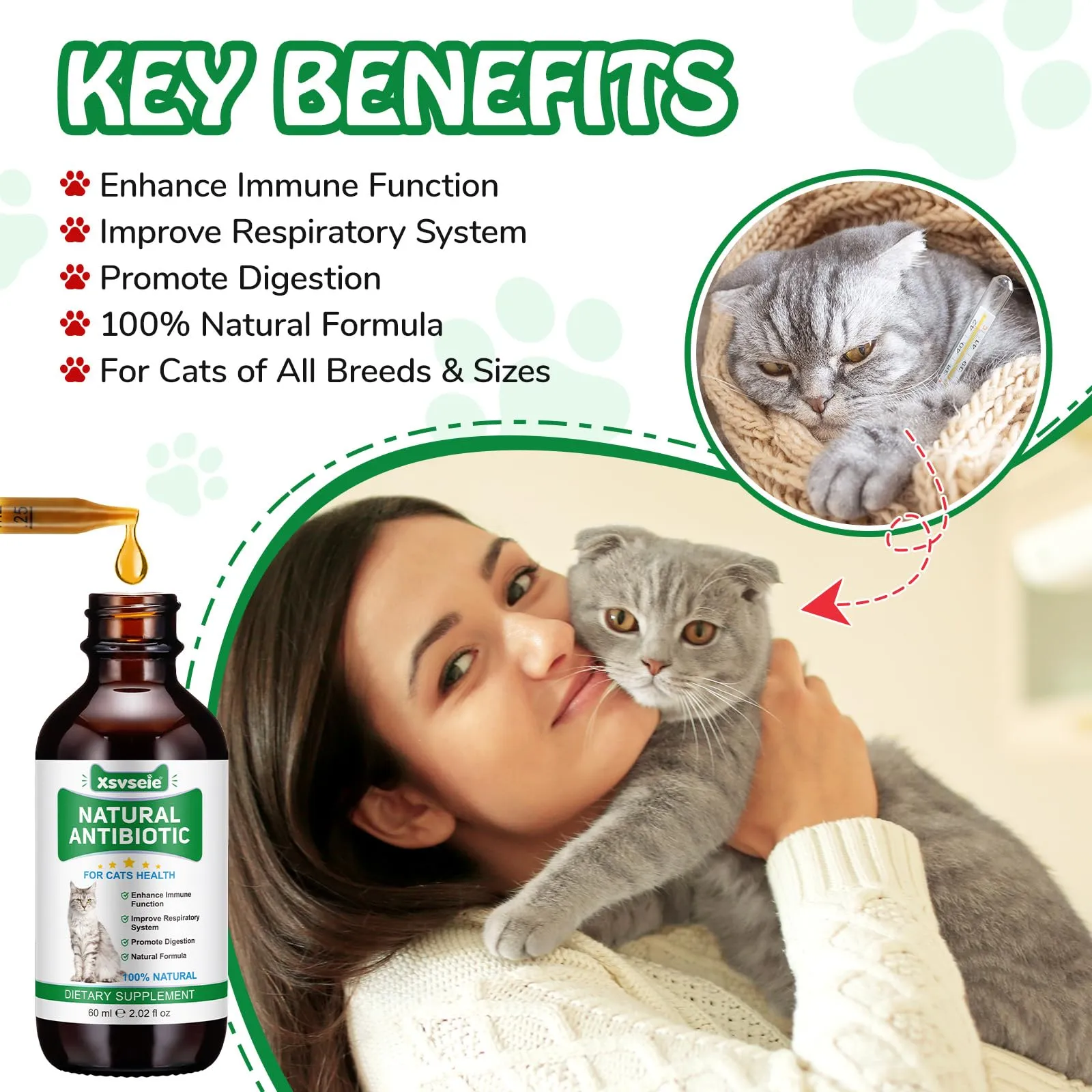 Antibiotici Naturali per Gatti - Trattamento Infezioni Cutanee, Respiratorie e Urinarie，Antibiotici per gatti，Sollievo per la pelle pruriginosa del，Sollievo per le allergie del - 120ml (2Pcs) - immagine 2