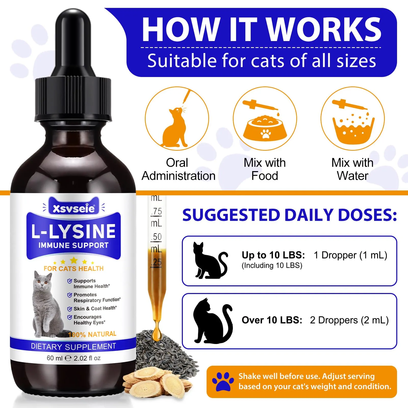 Goccia Lysin per gatti 60ml, supporto immunitario per gatti, L-Lysin per Gatti, starnutrizione, naso che scorre, raffreddore, funzione degli occhi - immagine 5