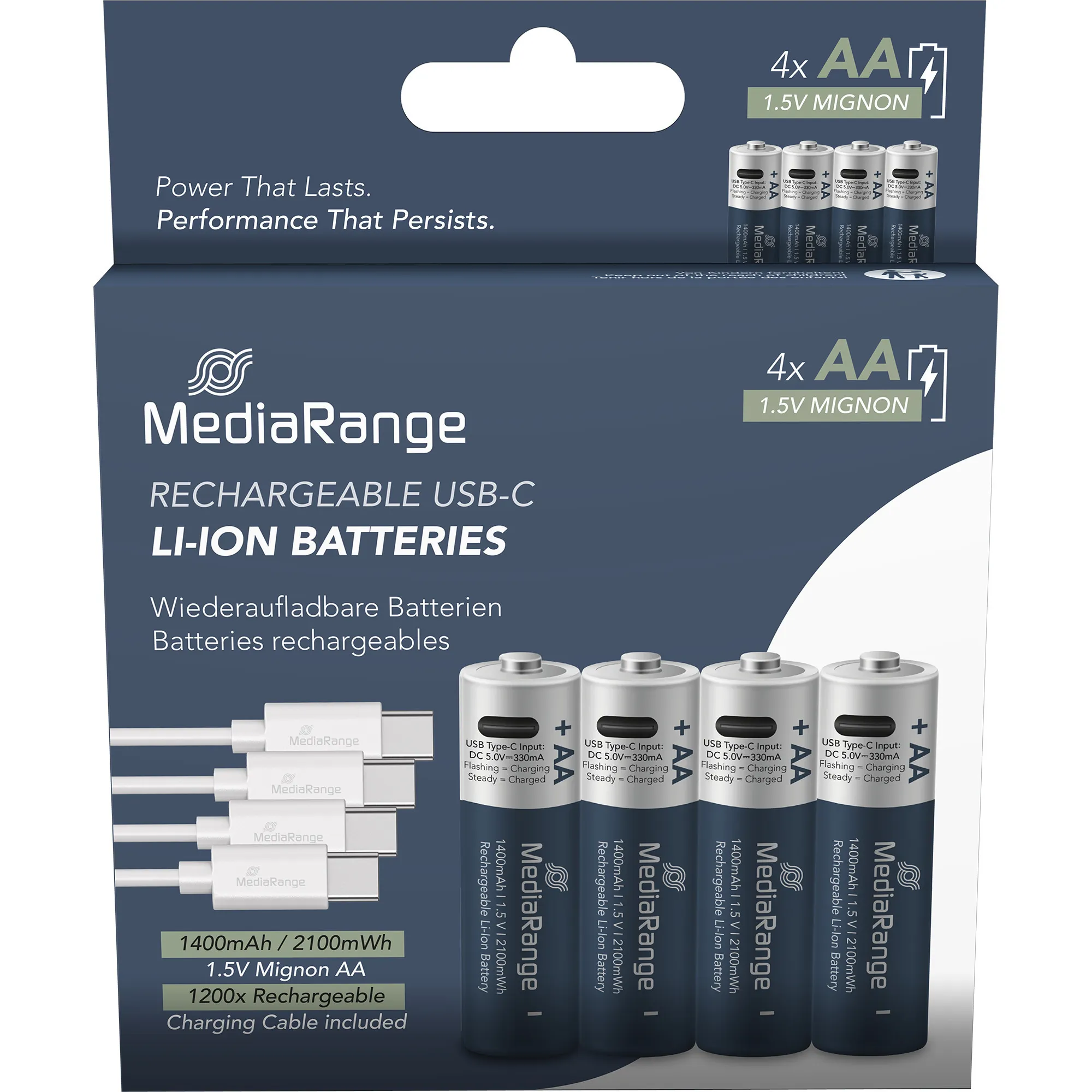 Batteria USB-C Li-Ion, Mignon AA I 1.5V | 1400 mAh, confezione da 4 - immagine 1