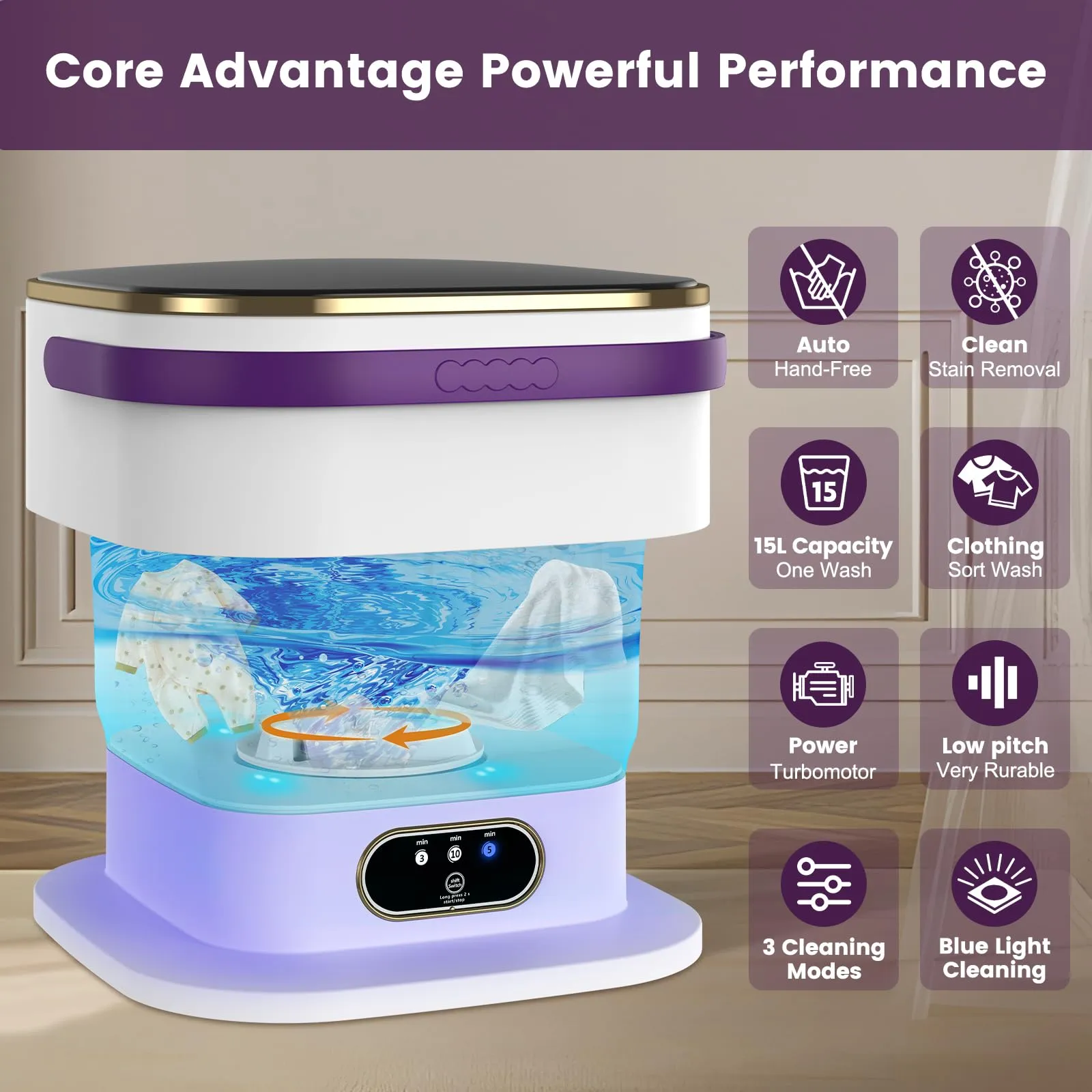 Mini Lavatrice,15L 2 in 1 Lavatrice Portatile con Centrifuga e 3 modalità di pulizia per Piccoli vestiti, Lavatrice da Campeggio Pieghevole per Viaggi, Appartamenti (Viola) - immagine 2