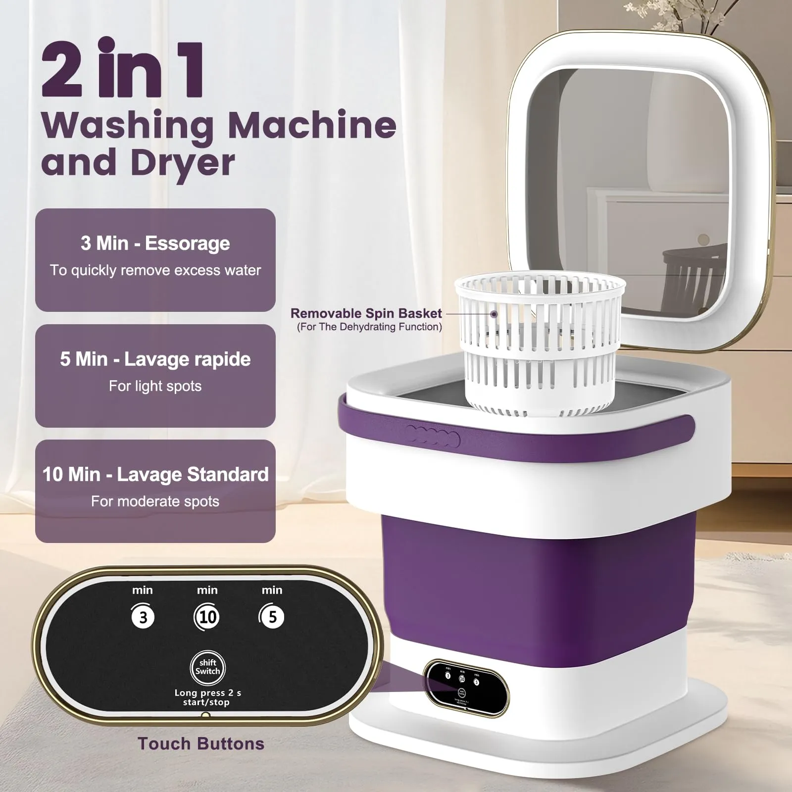 Mini Lavatrice,15L 2 in 1 Lavatrice Portatile con Centrifuga e 3 modalità di pulizia per Piccoli vestiti, Lavatrice da Campeggio Pieghevole per Viaggi, Appartamenti (Viola) - immagine 3