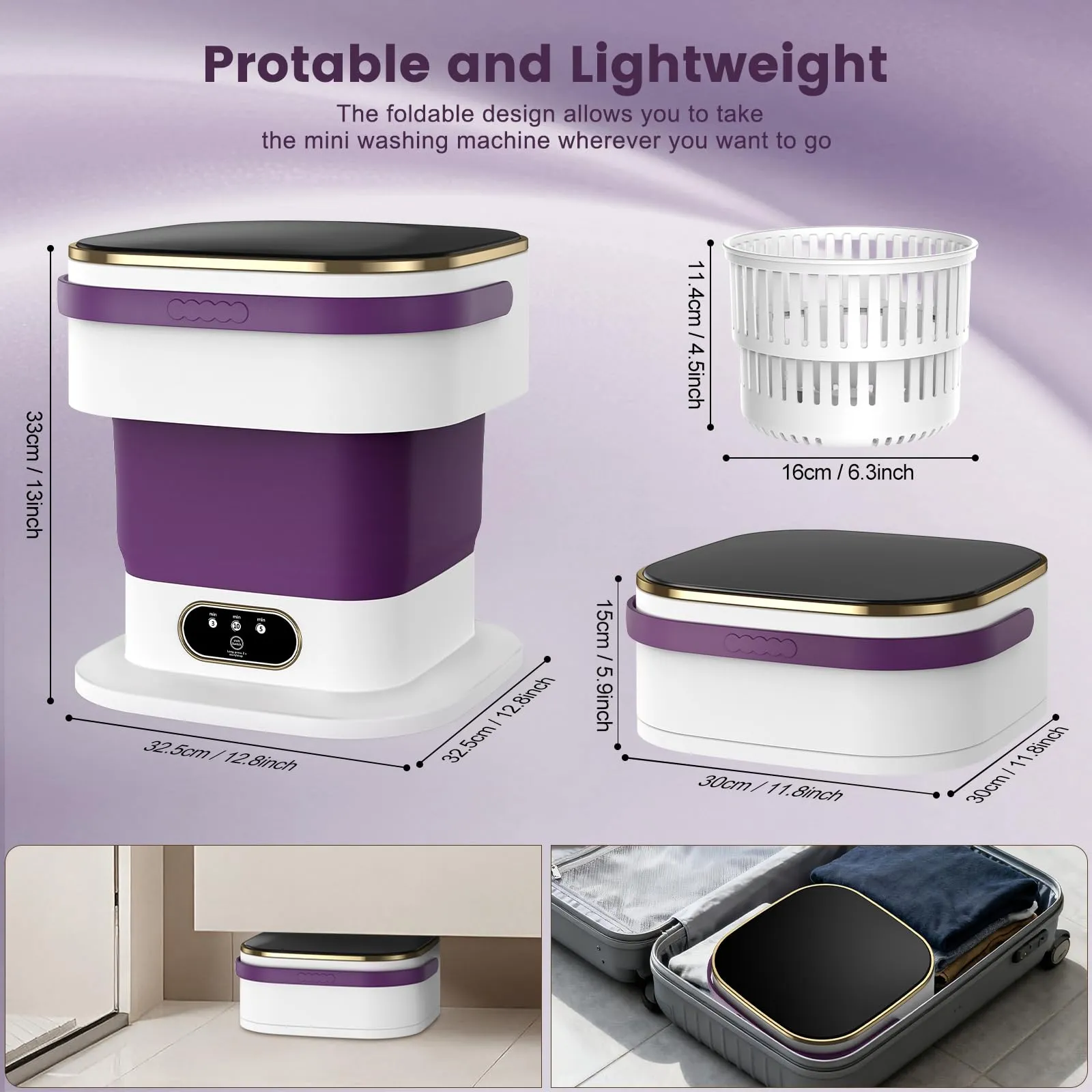 Mini Lavatrice,15L 2 in 1 Lavatrice Portatile con Centrifuga e 3 modalità di pulizia per Piccoli vestiti, Lavatrice da Campeggio Pieghevole per Viaggi, Appartamenti (Viola) - immagine 4
