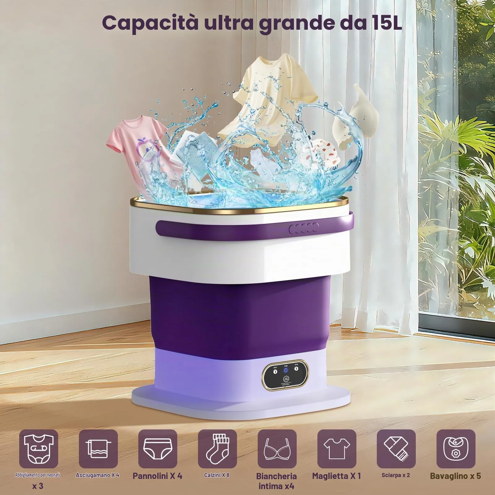 Mini Lavatrice,15L 2 in 1 Lavatrice Portatile con Centrifuga e 3 modalità di pulizia per Piccoli vestiti, Lavatrice da Campeggio Pieghevole per Viaggi, Appartamenti (Viola) - immagine 5
