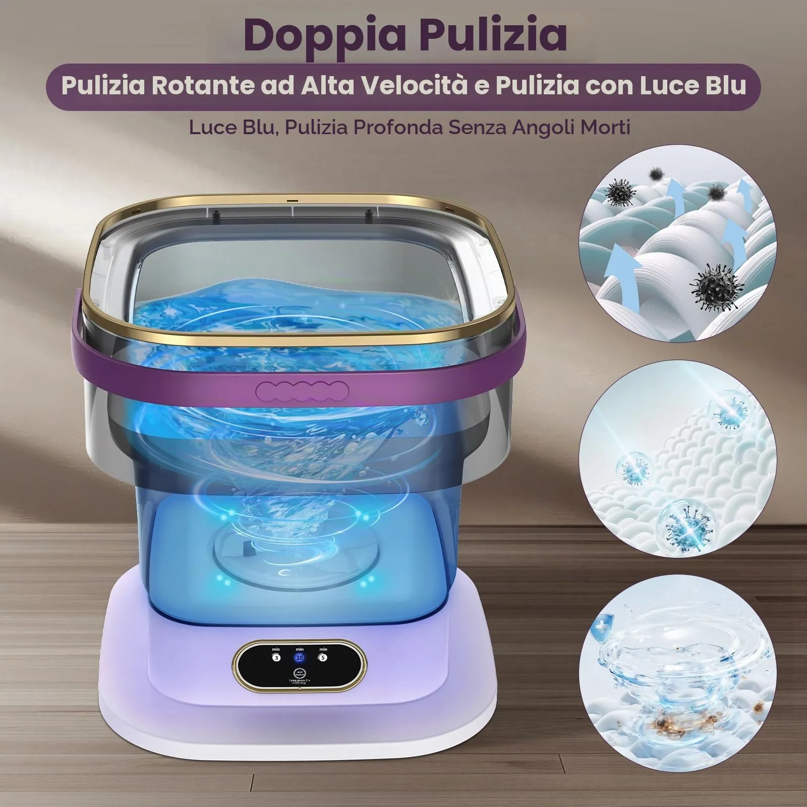 Mini Lavatrice,15L 2 in 1 Lavatrice Portatile con Centrifuga e 3 modalità di pulizia per Piccoli vestiti, Lavatrice da Campeggio Pieghevole per Viaggi, Appartamenti (Viola) - immagine 6