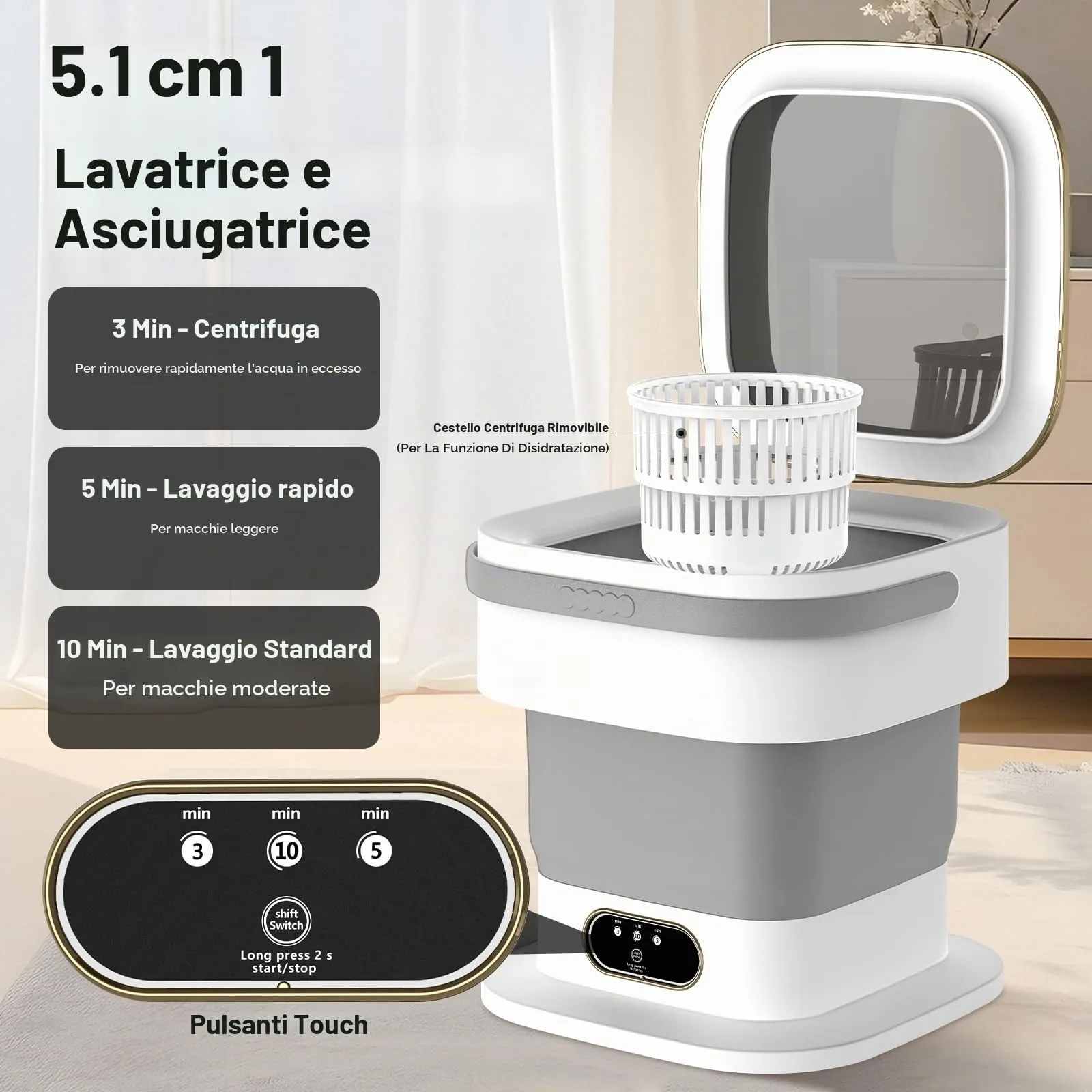 Mini Lavatrice,15L 2 in 1 Lavatrice Portatile con Centrifuga e 3 modalità di pulizia per Piccoli vestiti, Lavatrice da Campeggio Pieghevole per Viaggi, Appartamenti (Grigio) - immagine 3