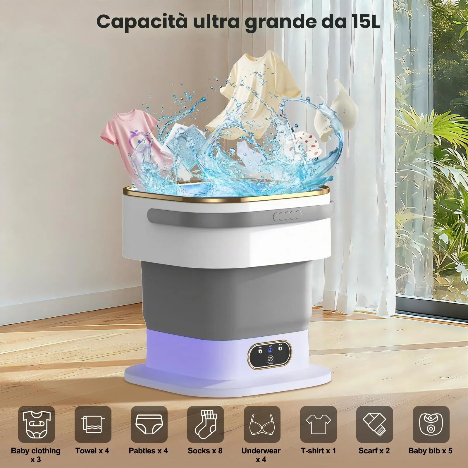 Mini Lavatrice,15L 2 in 1 Lavatrice Portatile con Centrifuga e 3 modalità di pulizia per Piccoli vestiti, Lavatrice da Campeggio Pieghevole per Viaggi, Appartamenti (Grigio) - immagine 4