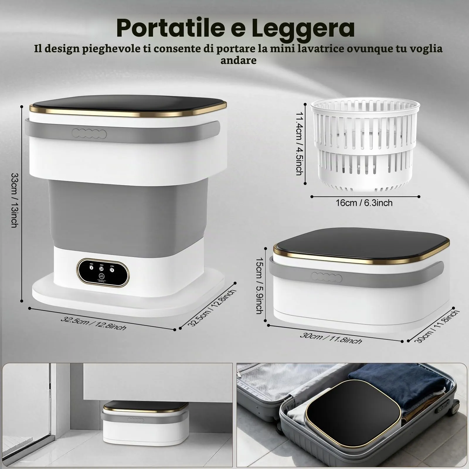 Mini Lavatrice,15L 2 in 1 Lavatrice Portatile con Centrifuga e 3 modalità di pulizia per Piccoli vestiti, Lavatrice da Campeggio Pieghevole per Viaggi, Appartamenti (Grigio) - immagine 5