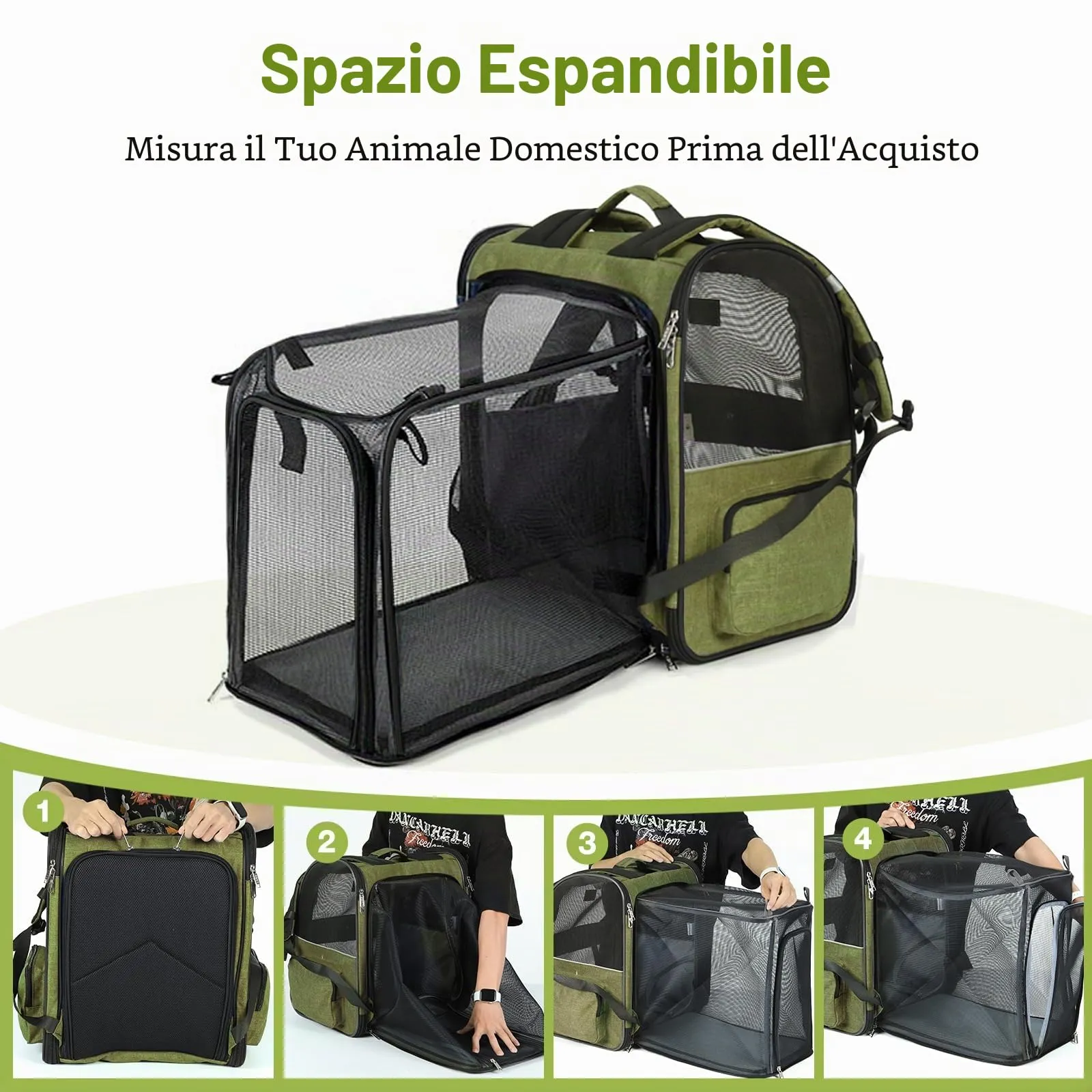 Zaino espandibile per gatti e cani fino a 8 kg, grande zaino pieghevole per animali domestici, verde scuro - immagine 4
