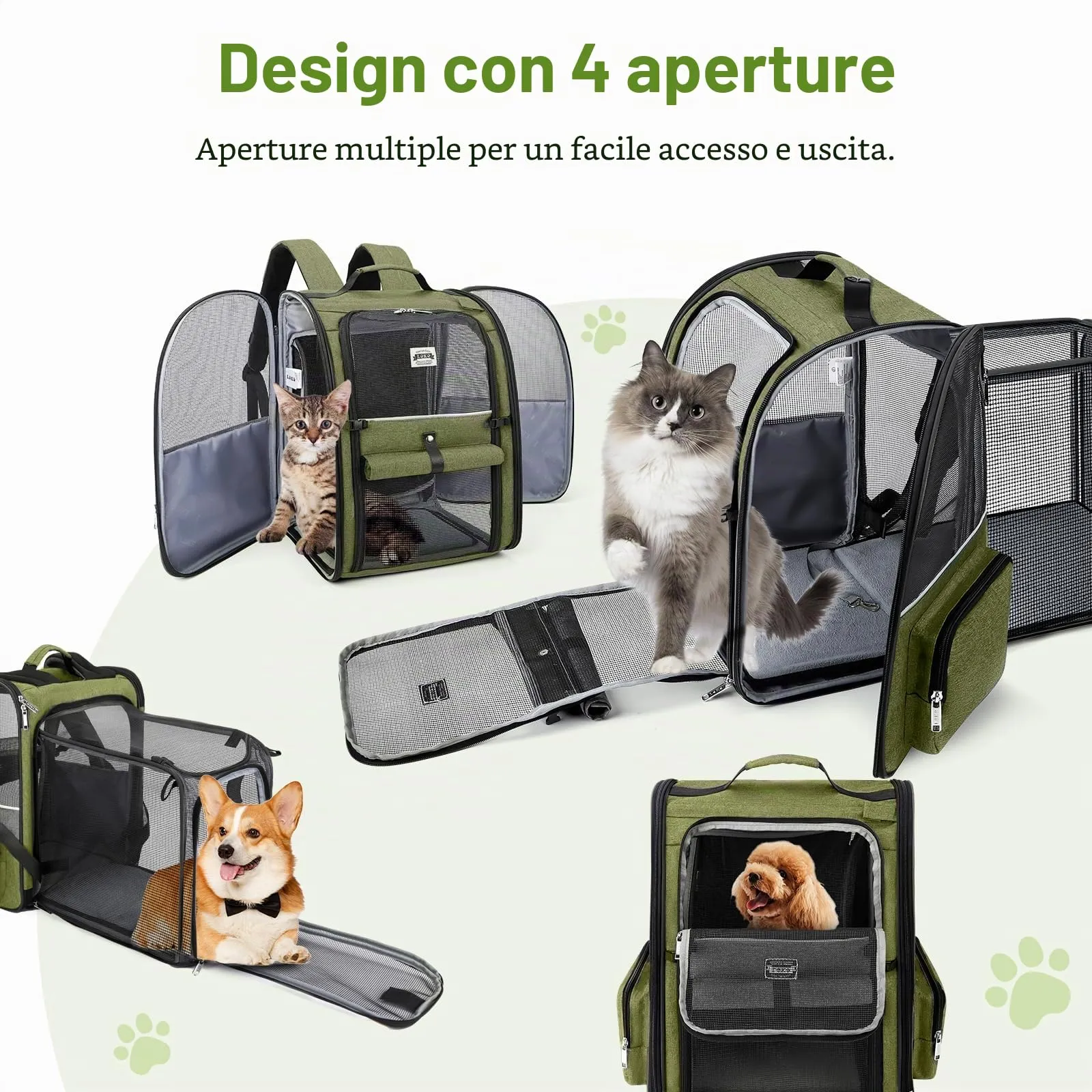 Zaino espandibile per gatti e cani fino a 8 kg, grande zaino pieghevole per animali domestici, verde scuro - immagine 5