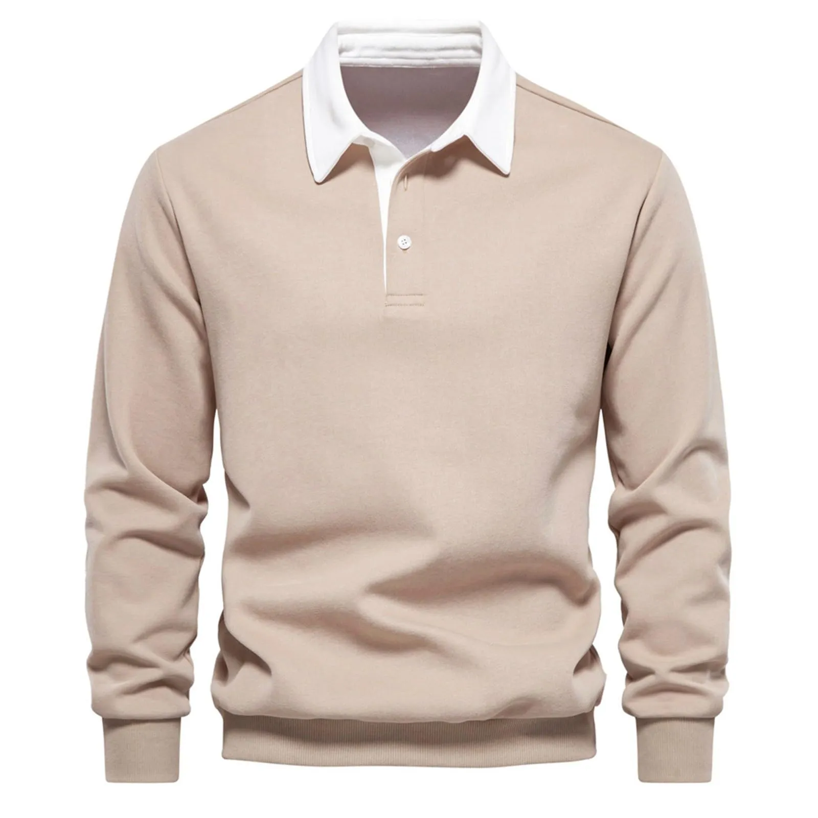 Mymyguoe Polo da uomo a maniche lunghe, traspirante, casual, con colletto, colore a contrasto, maglione, golf, lavoro, cowboy, cachi, S - immagine 1