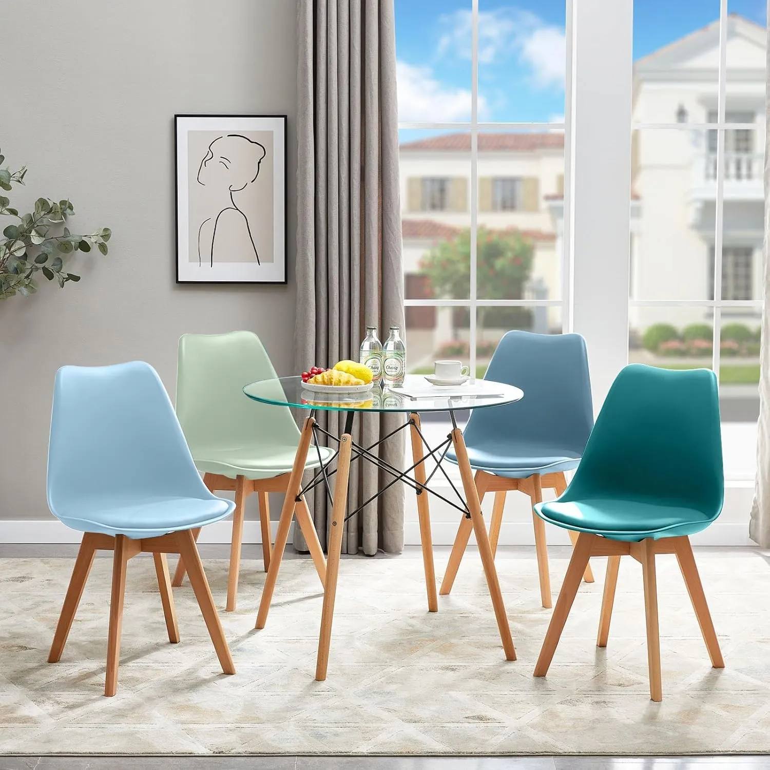 EGGREE Set di 8 Sedie da Sala da Pranzo con Gambe in Faggio Massiccio Cuscino in PU Sedie da Cucina Ufficio con Design Moderno e Scandinavo,Gelato Verde+Blu Chiaro+Morandi Azzurro+Turchese - immagine 2