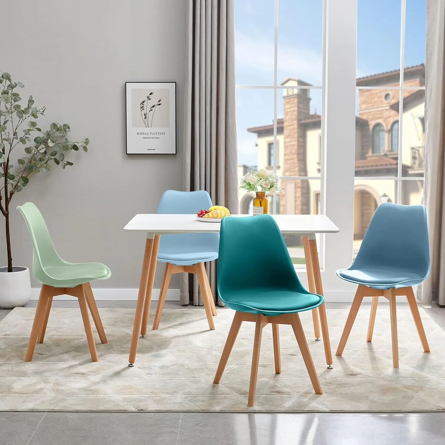 EGGREE Set di 8 Sedie da Sala da Pranzo con Gambe in Faggio Massiccio Cuscino in PU Sedie da Cucina Ufficio con Design Moderno e Scandinavo,Gelato Verde+Blu Chiaro+Morandi Azzurro+Turchese - immagine 4